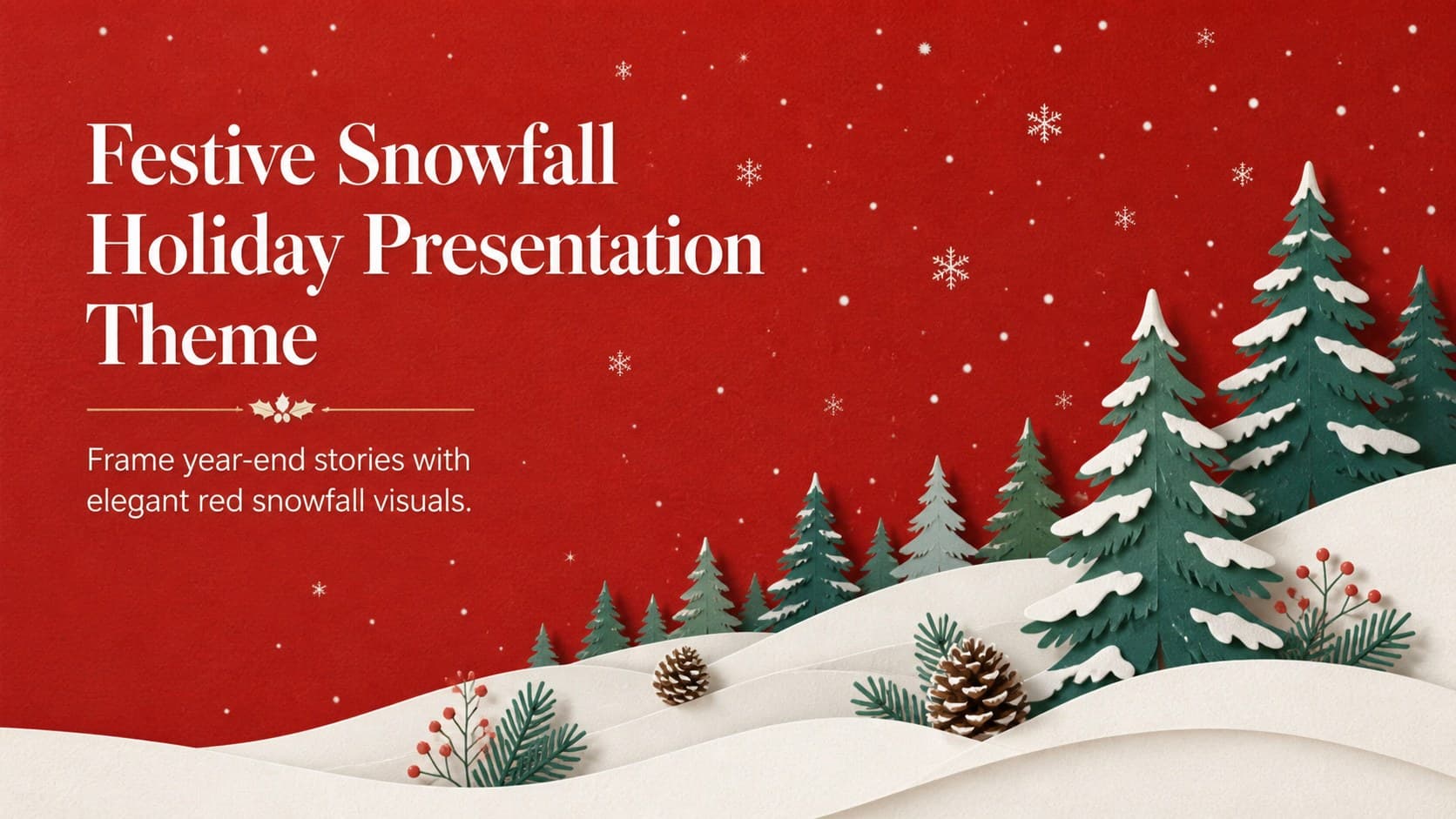 Cover of a Festive Snowfall Holiday Presentation Theme with red winter scenery, snow-covered evergreens, and elegant seasonal typography.