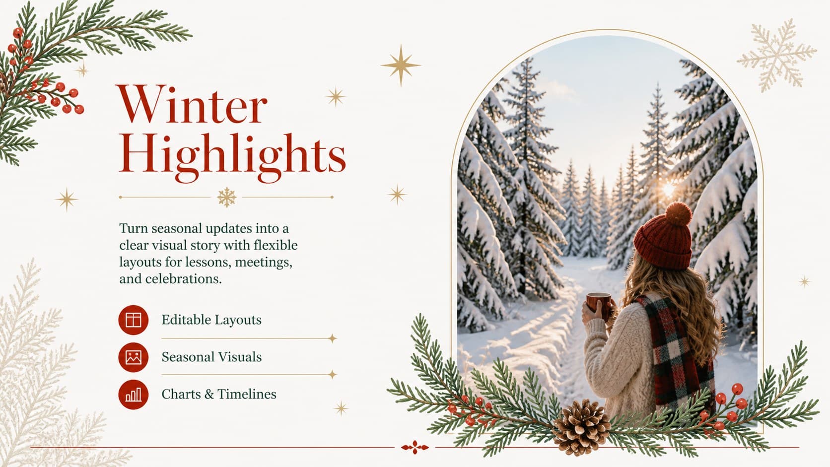 Winter highlights content slide pairing a snowy landscape image with editable holiday presentation feature notes.