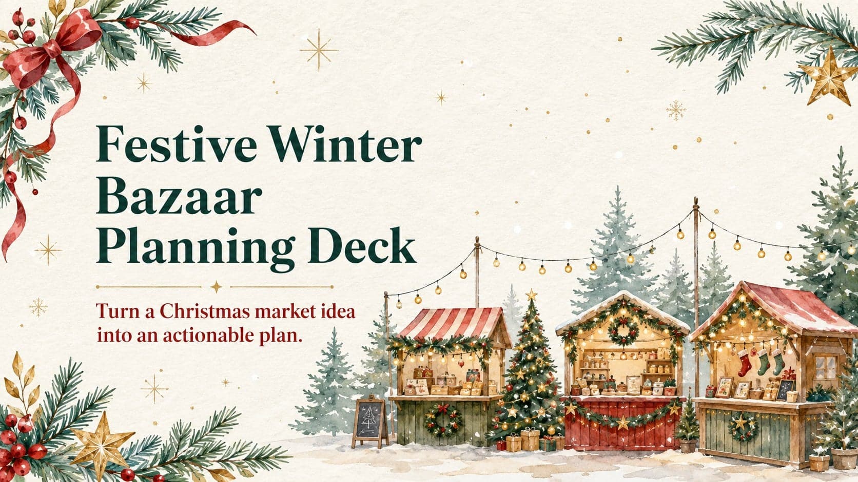 Cover of a festive winter bazaar planning deck with watercolor market stalls, evergreen foliage, red ornaments, and gold accents.