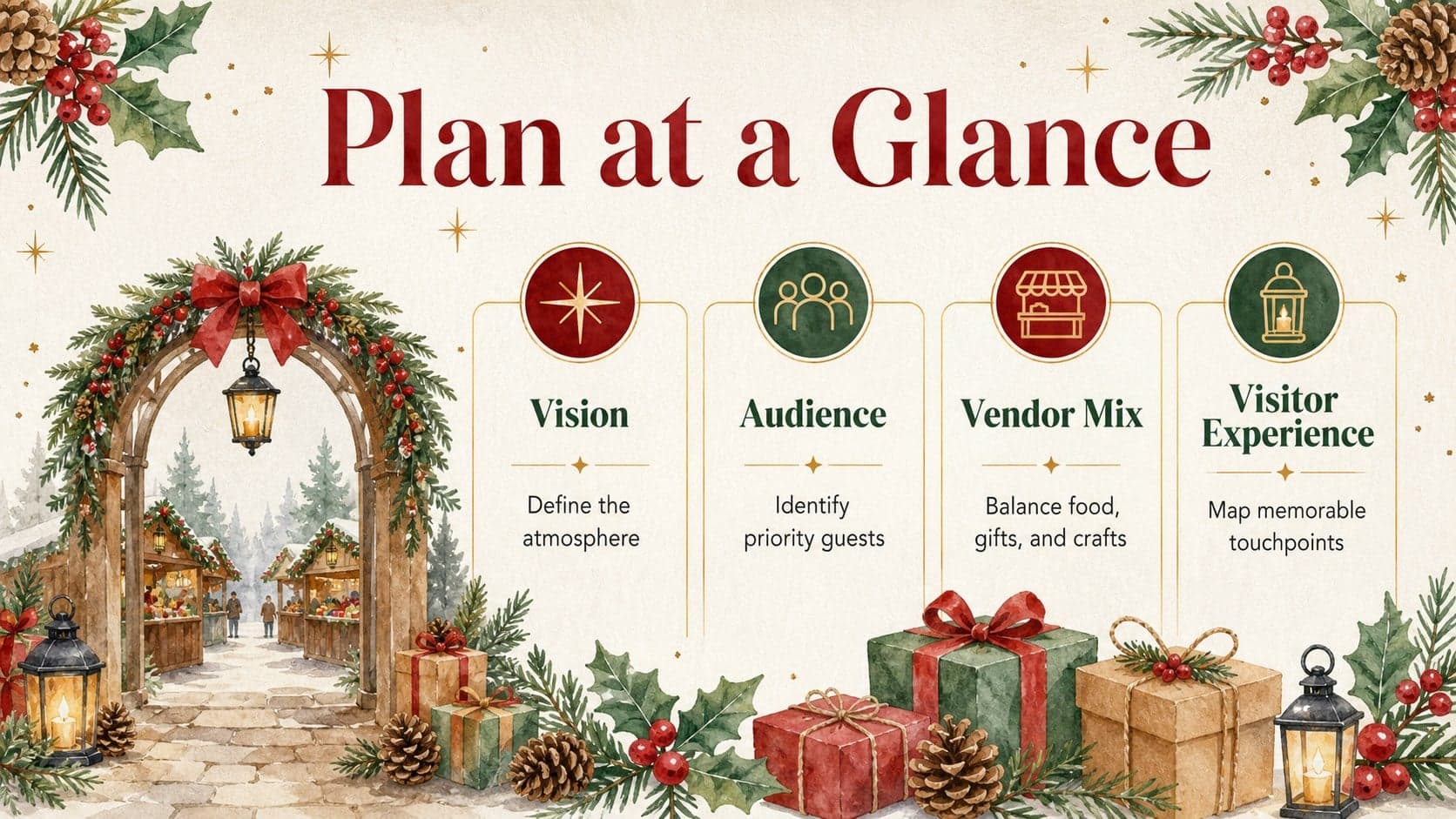 Christmas event planning slide outlining the market vision, audience, vendor mix, and visitor experience.