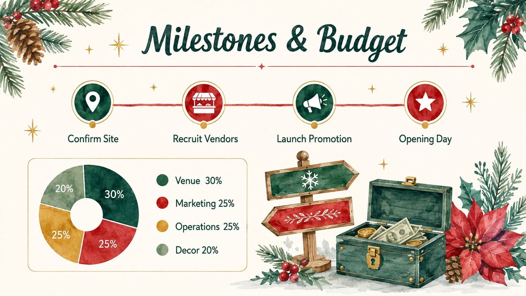 Christmas market budget presentation slide combining a seasonal milestone timeline with an event cost summary.