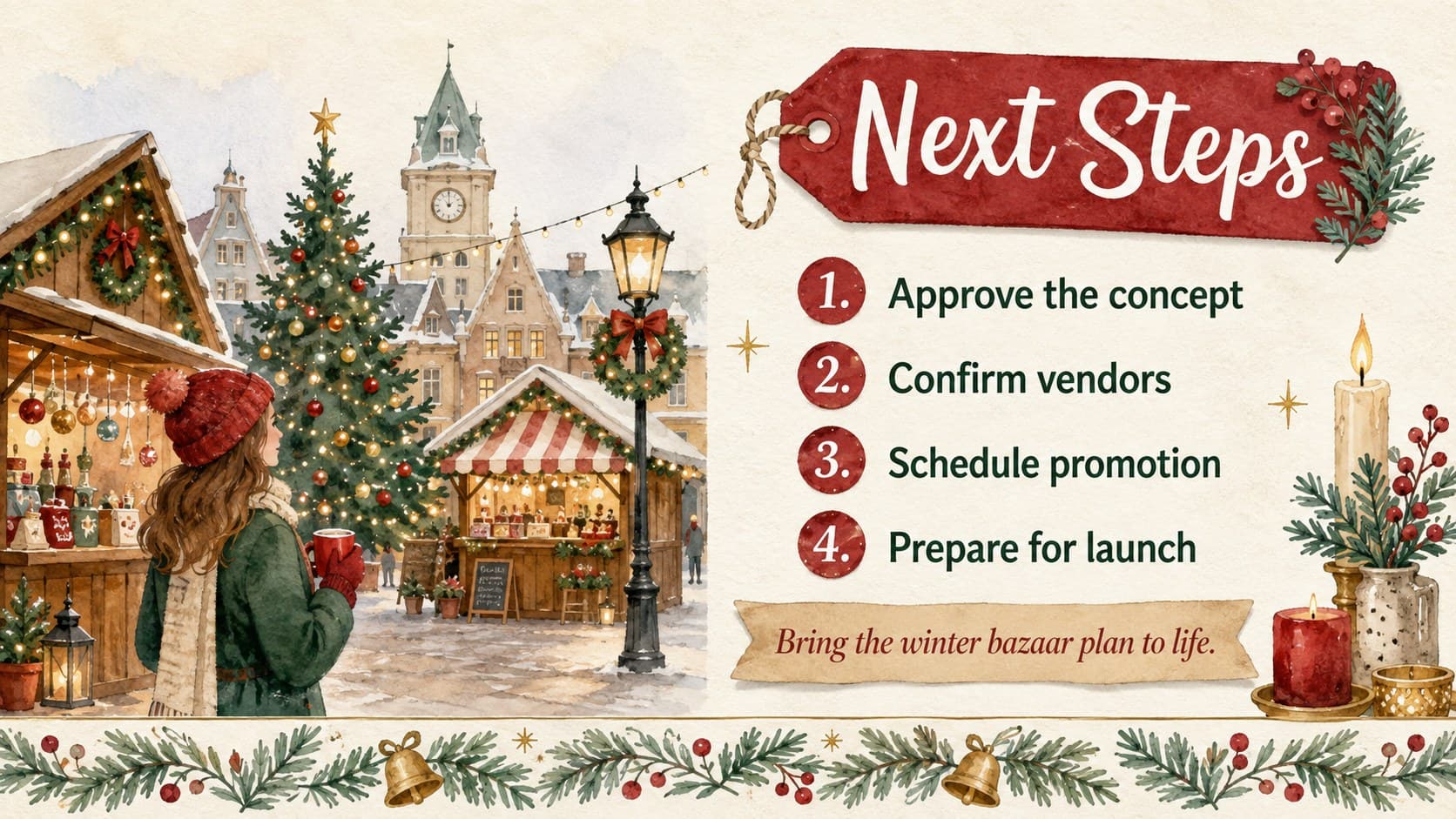 Holiday market proposal closing slide listing approvals, vendor outreach, promotion, and launch preparation as next steps.