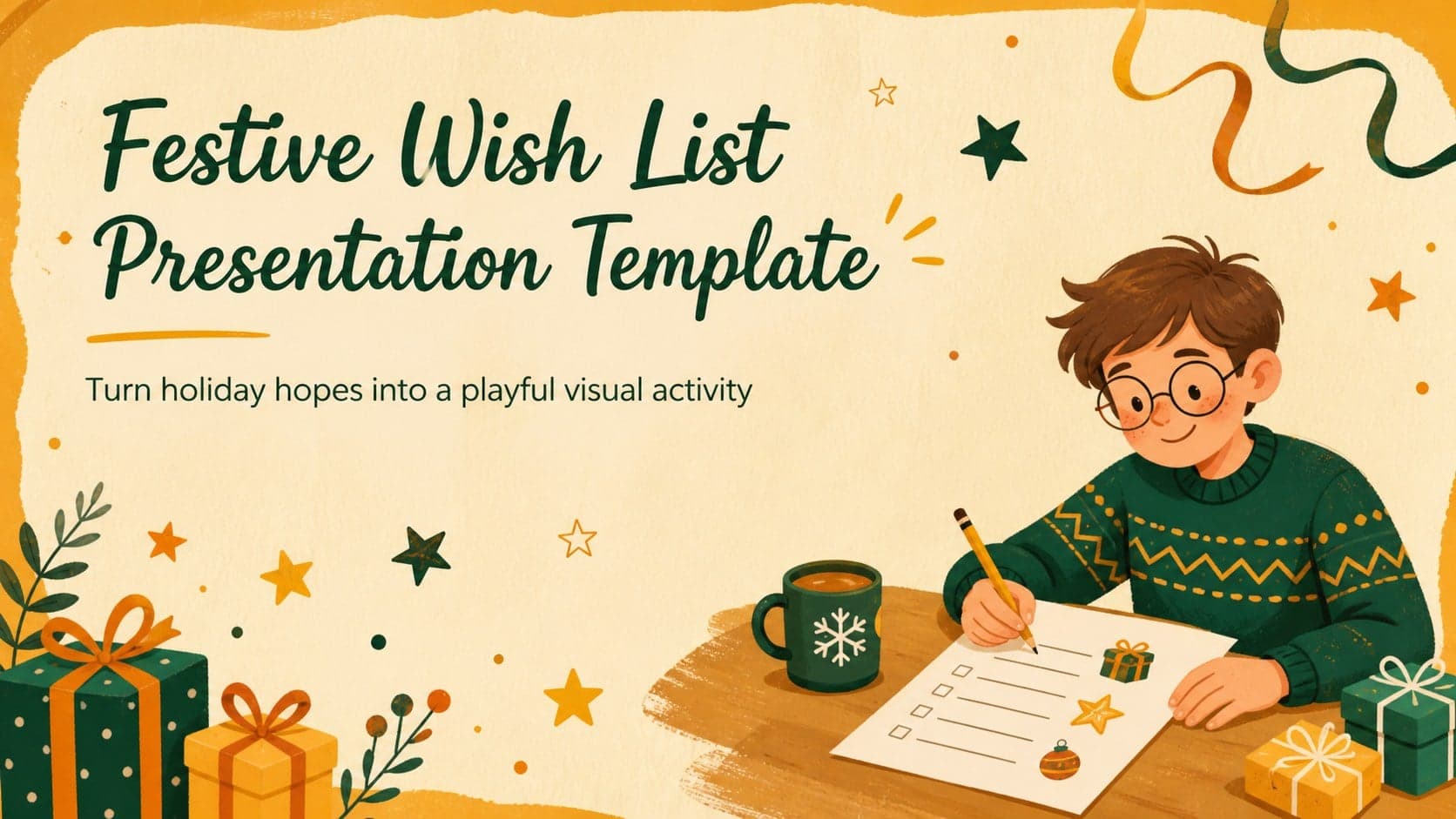 Cover slide for a festive wish list presentation template with illustrated holiday paper styling and warm seasonal colors.