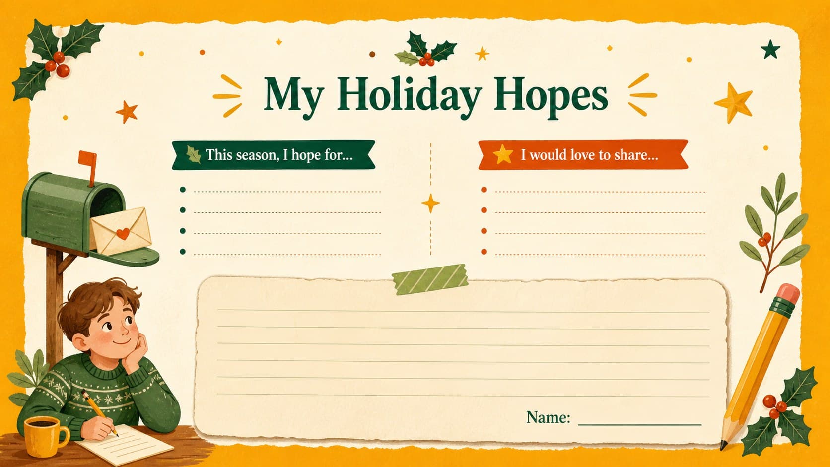 Holiday hopes activity slide with writing prompts and editable sections for a Christmas letter writing presentation.