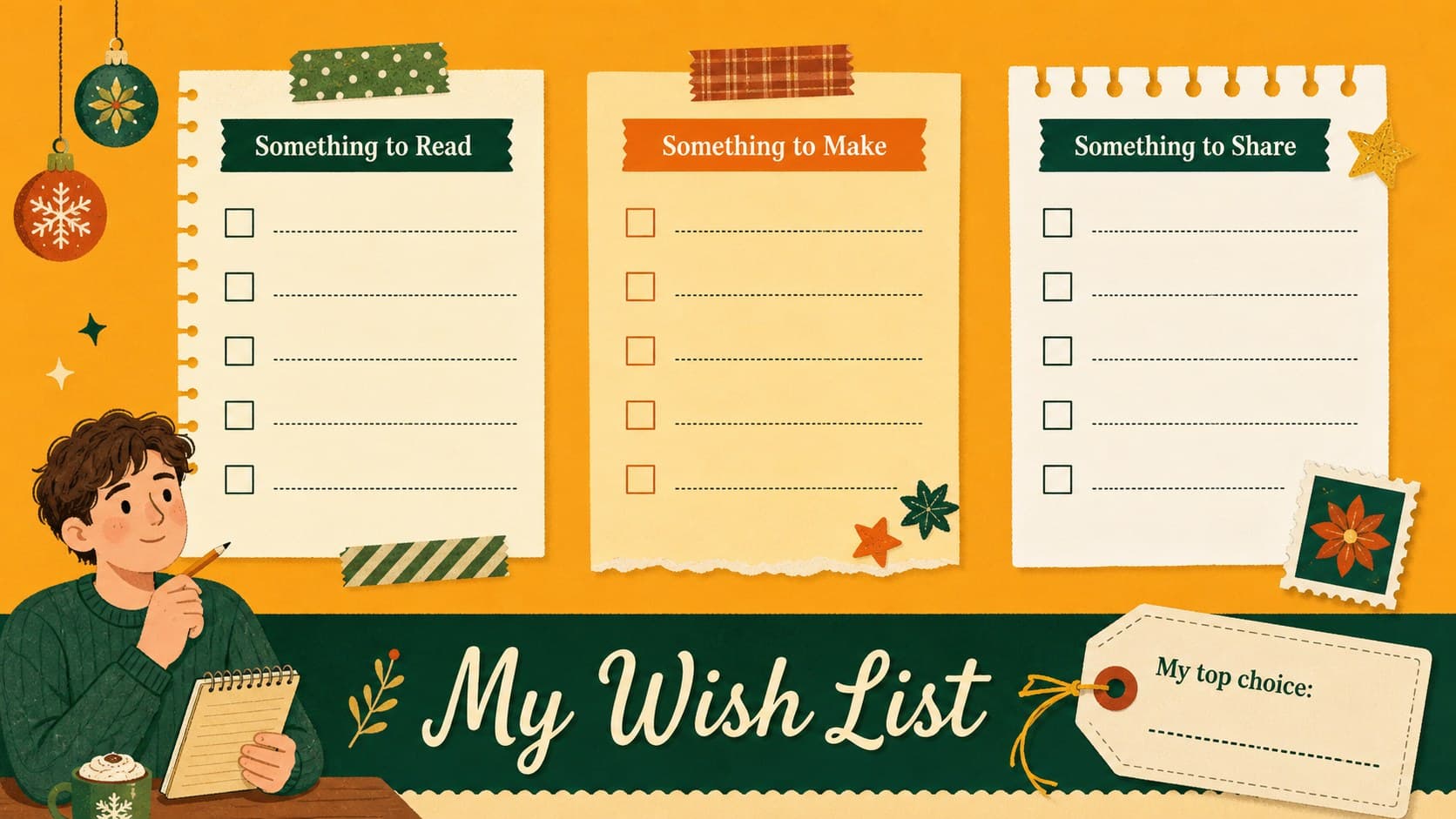 Editable Christmas wish list slide organized into three colorful sections for ideas, details, and priorities.