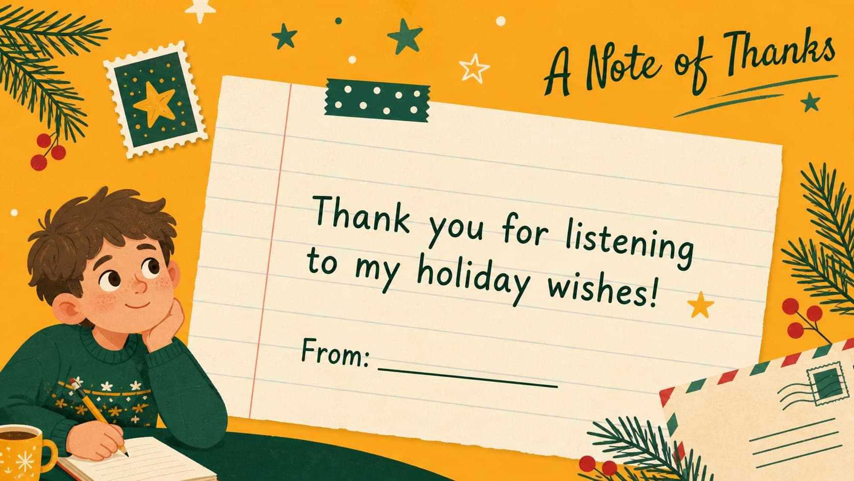 Closing holiday activity slide inviting children to add a thank-you note to their festive presentation.