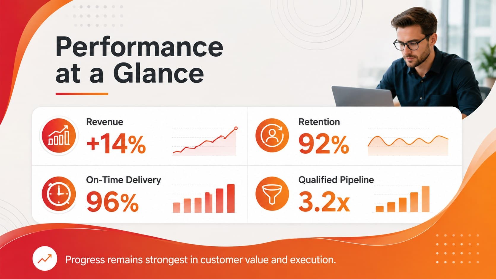 Corporate KPI dashboard displaying revenue, retention, delivery, and pipeline metrics in red and orange.