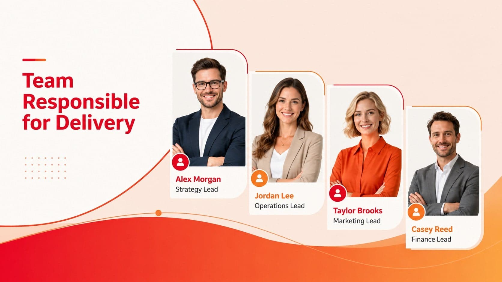 Leadership team layout for a fiery flow corporate slide deck with four professional profile spaces.