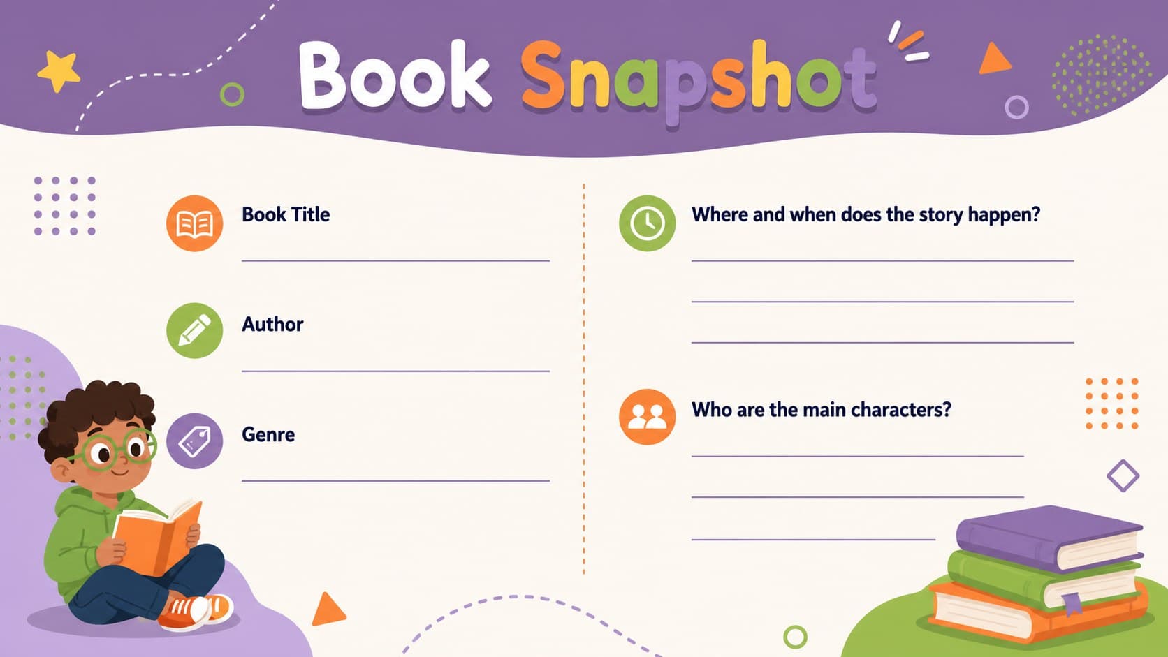 Book Snapshot page with guided fields for a grade 5 book title, author, genre, setting, and main characters.
