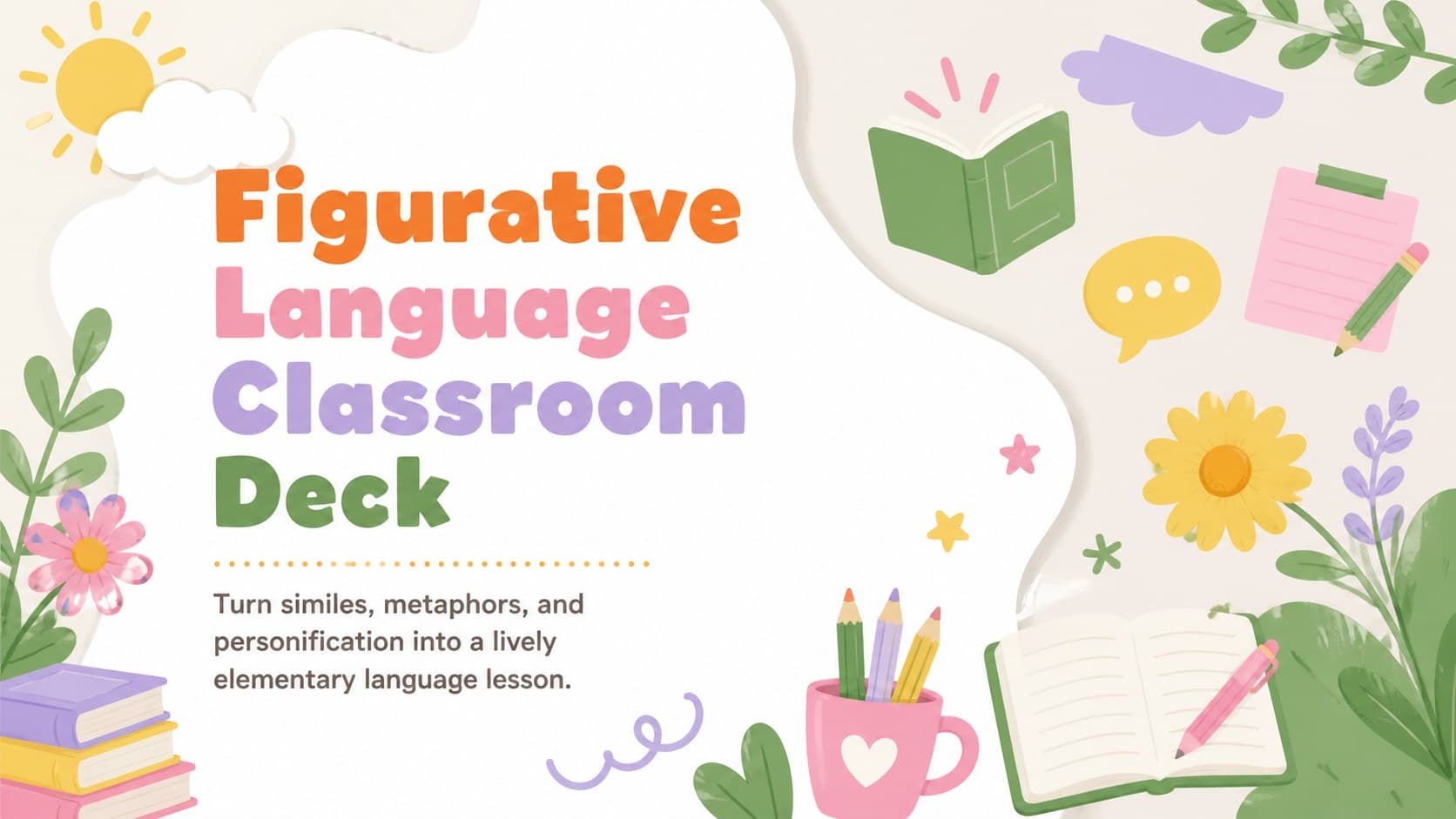 Colorful cover for a Figurative Language Classroom Deck with playful language arts illustrations.