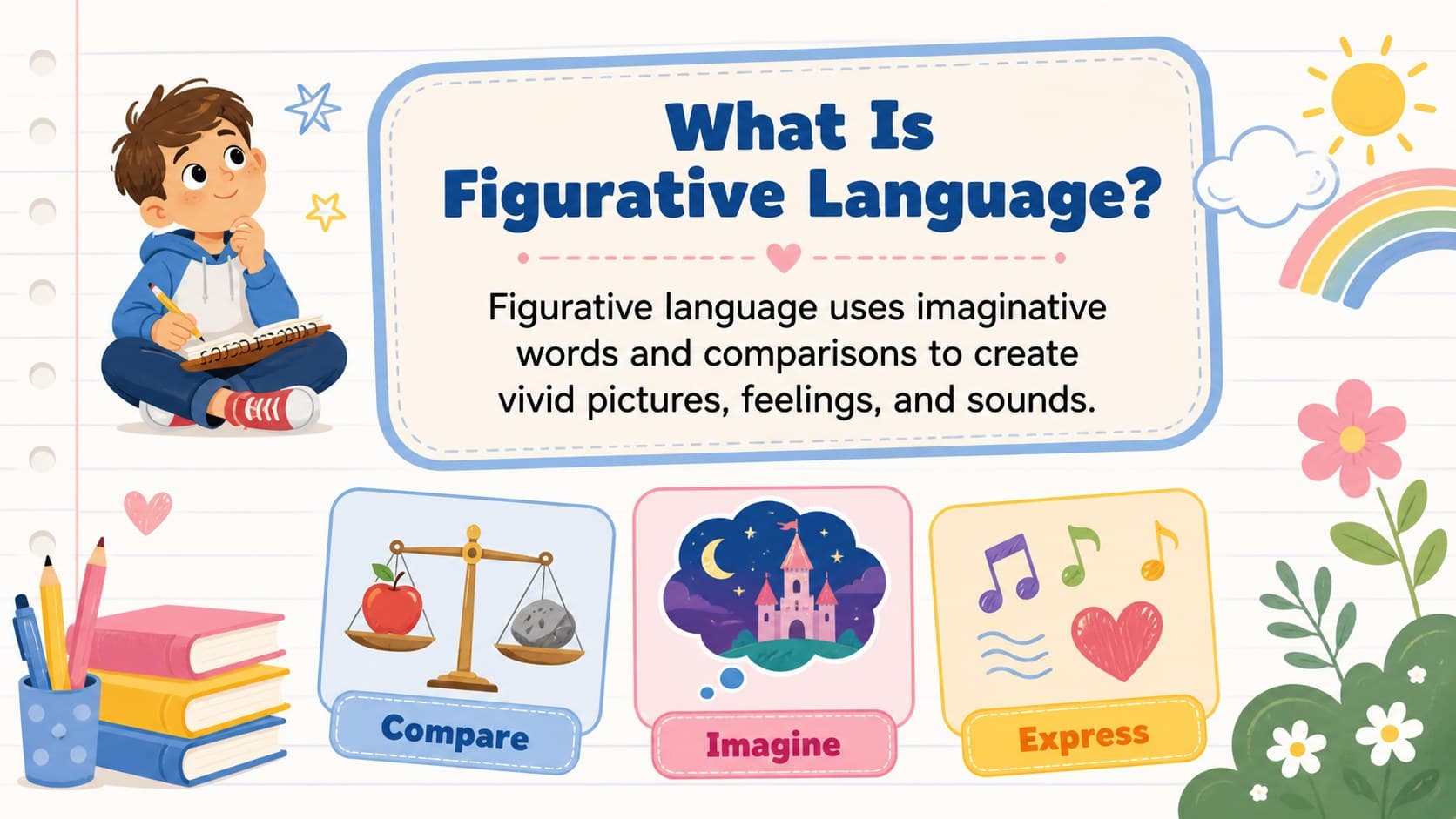 Figurative language definition slide explaining how expressive words create vivid mental pictures.