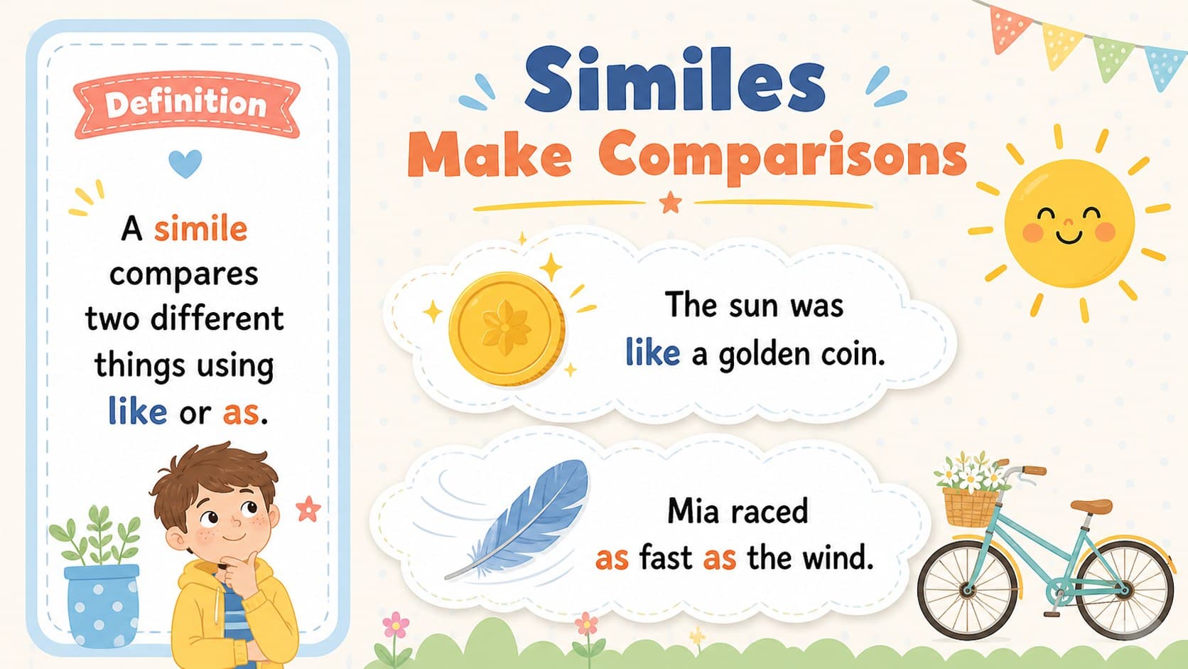 Elementary similes lesson slide with definitions and colorful comparison examples.