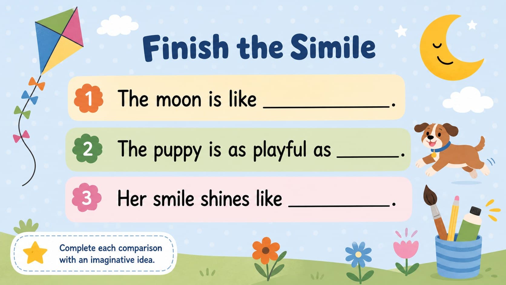 Interactive simile activity asking elementary students to complete imaginative comparisons.