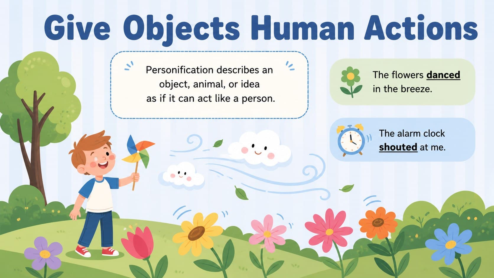Personification lesson presentation showing how writers give human actions to objects and nature.