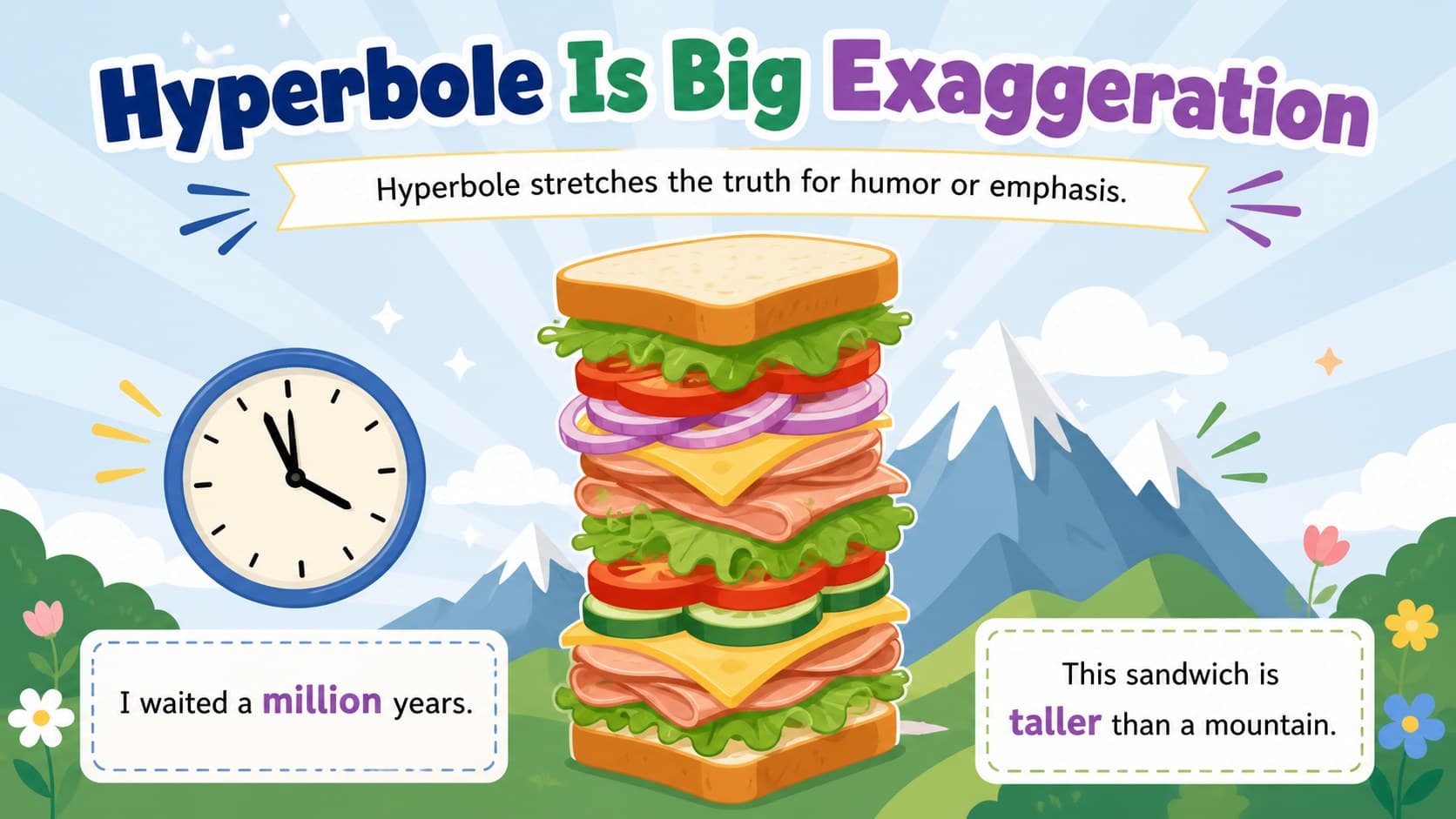 Hyperbole lesson slide with exaggerated statements for young language arts learners.