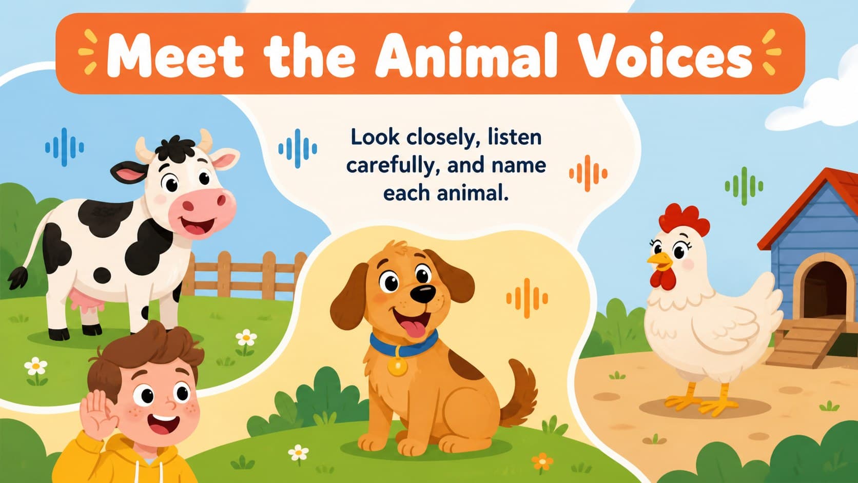 Animal vocabulary introduction slide presenting illustrated farm animals for an interactive animal sound quiz for kindergarten.