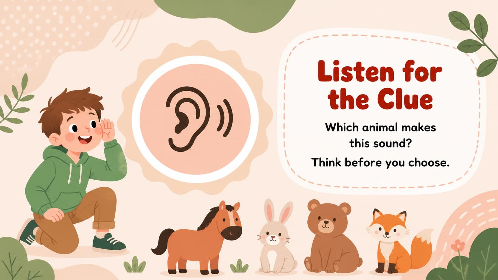 Listening skills activity slide showing children identifying animal sounds in a colorful preschool presentation.