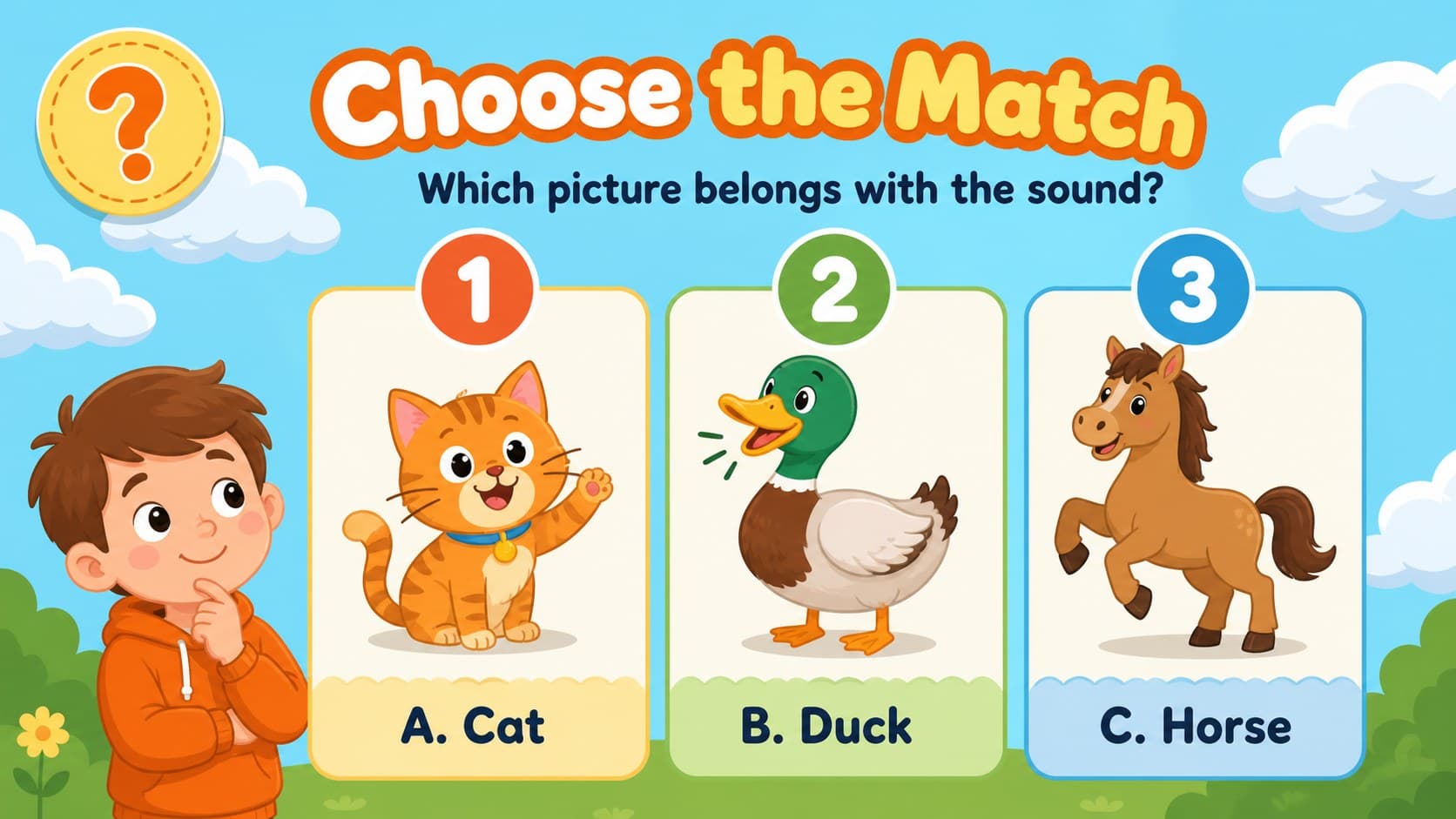 Multiple-choice animal recognition slide for a kindergarten animal sound quiz with three illustrated answer options.