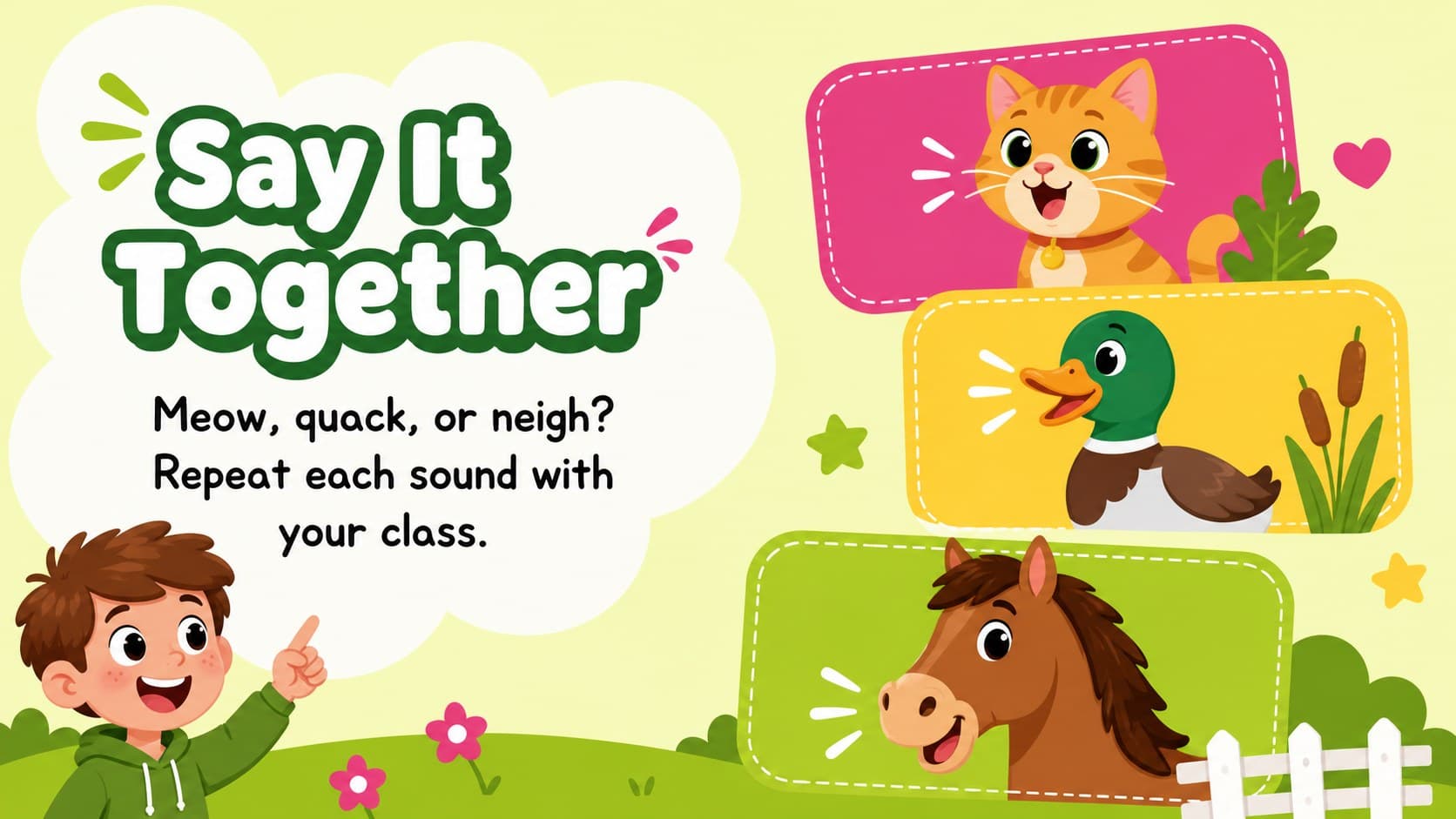 Animal vocabulary lesson slide comparing a cat, duck, and horse with clear illustrated labels.