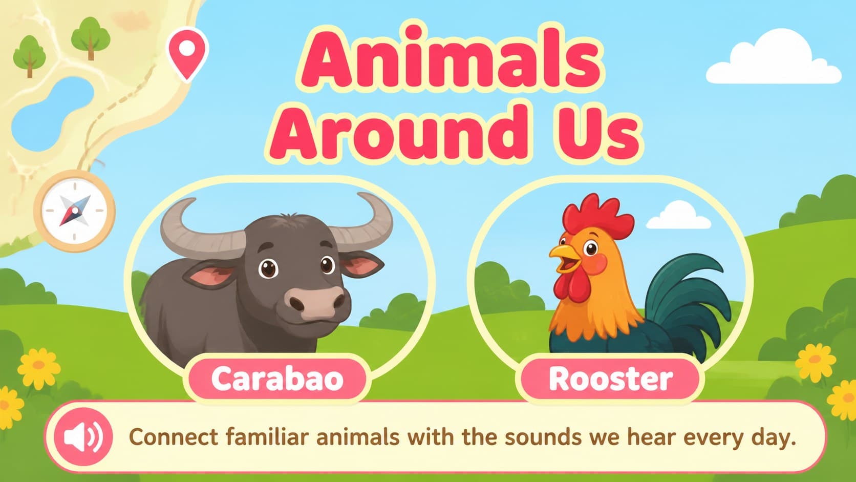 Philippine classroom science activity slide introducing local animals and their familiar sounds.