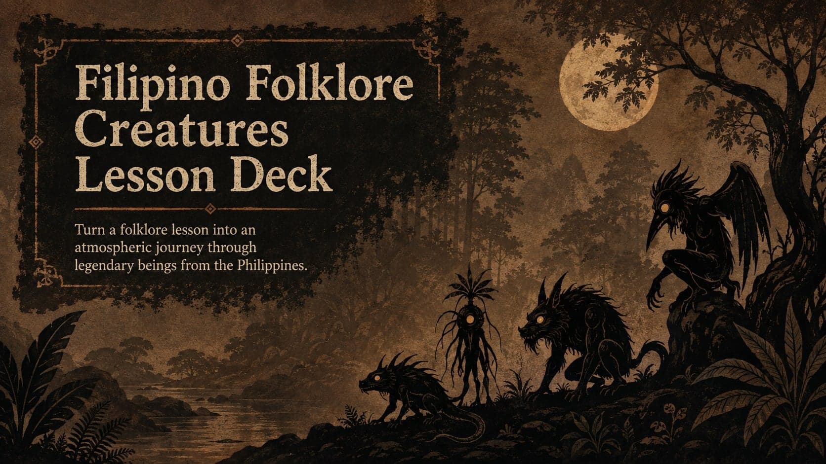 Cover of the Filipino Folklore Creatures Lesson Deck with original mythical figures in an earthy illustrated setting.