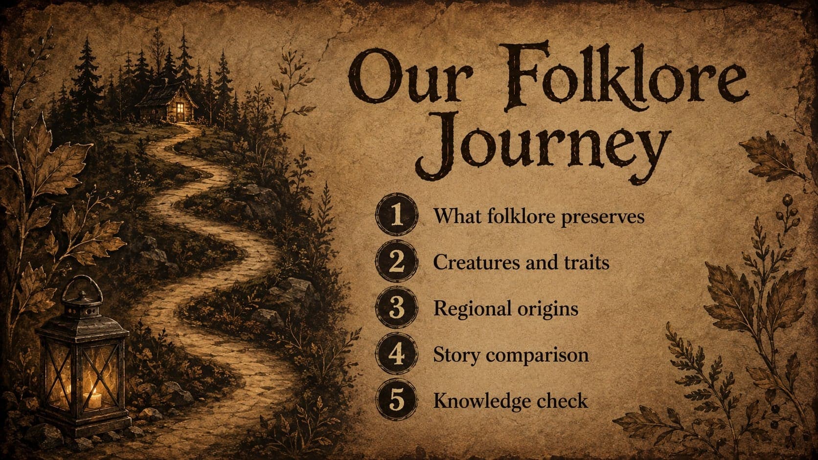 Lesson roadmap for a Philippine mythology classroom presentation with five folklore study topics.