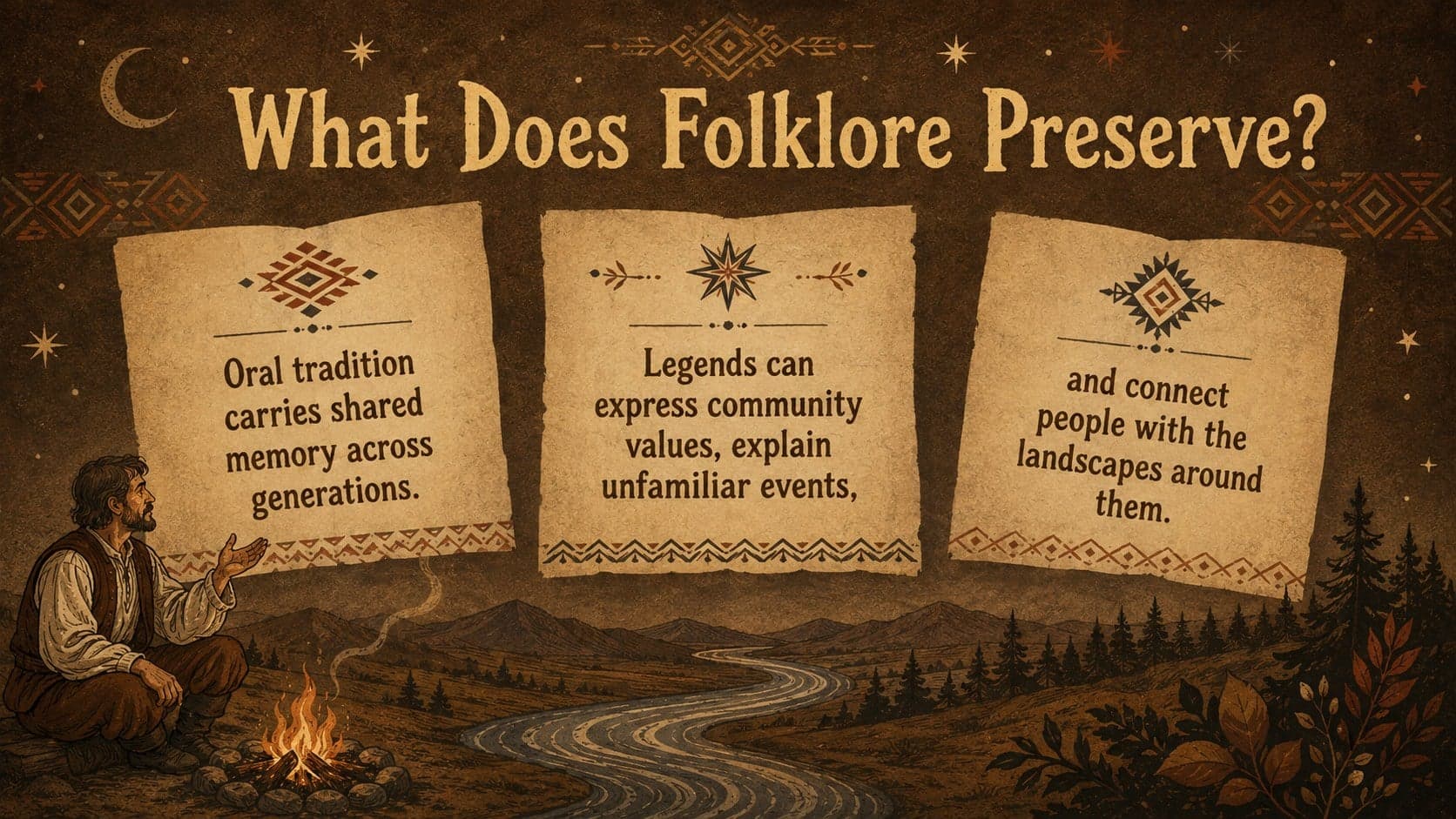 Filipino folklore lesson slide explaining oral tradition, shared memory, and cultural values.