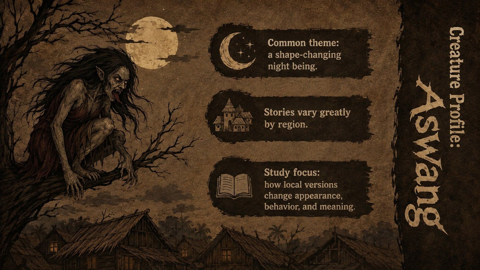 Aswang creature profile from a Filipino legends presentation for students.