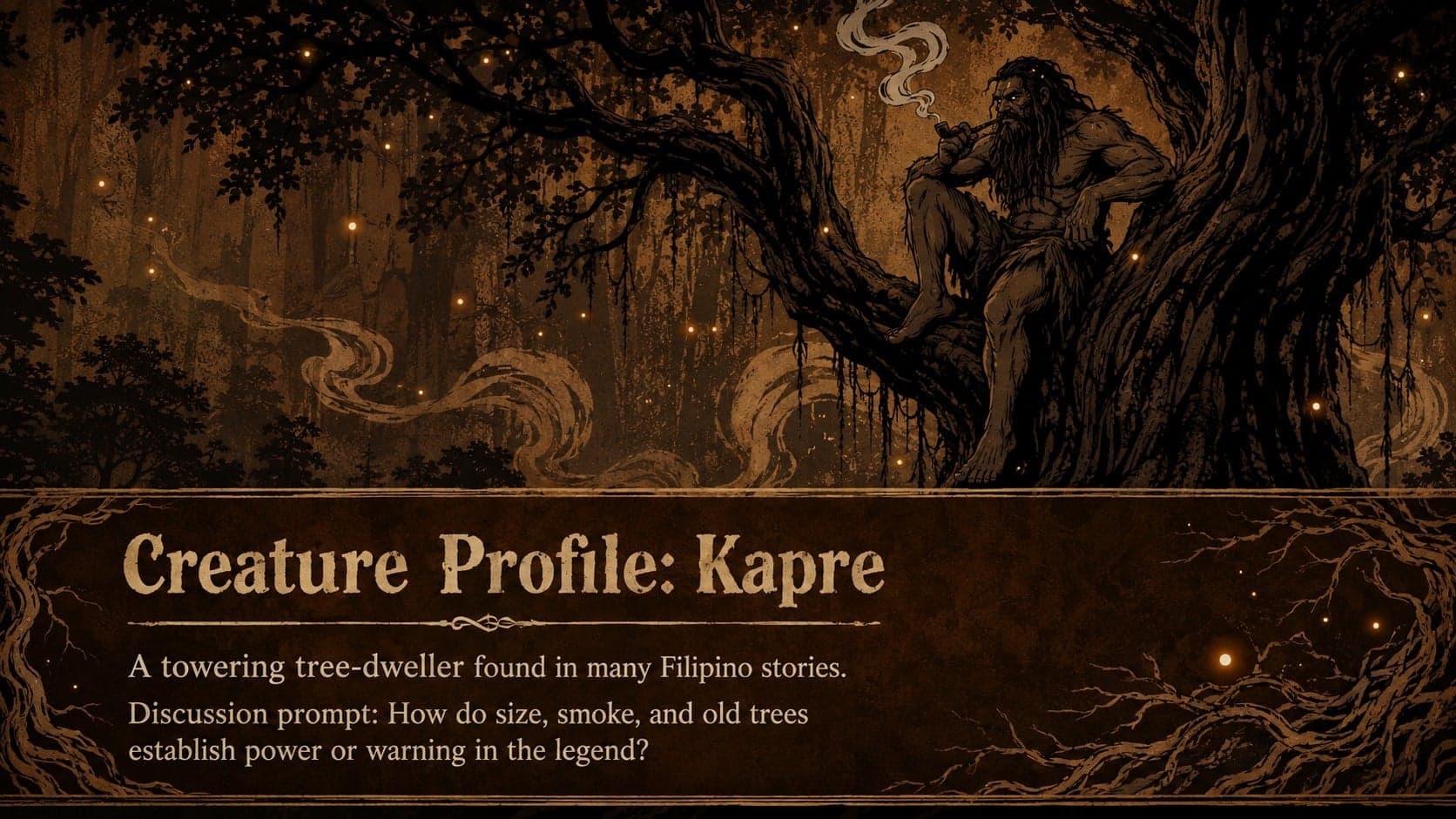 Kapre folklore profile with a towering tree guardian in a brown illustrated folklore slide deck.