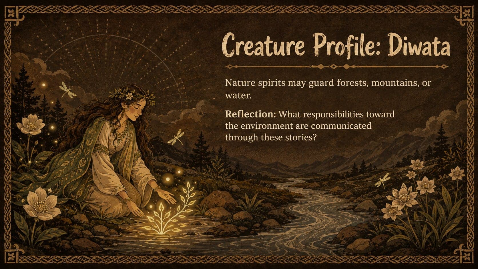 Diwata lesson slide exploring nature guardians in Filipino folklore.