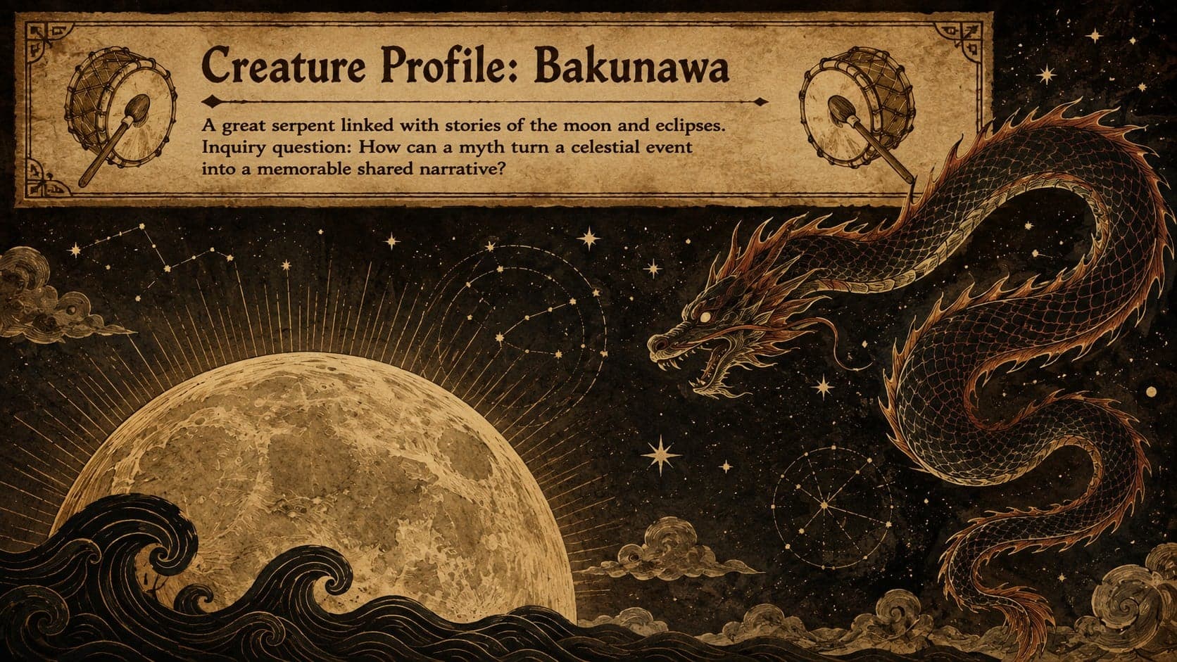 Bakunawa mythology slide depicting a moon-swallowing serpent and eclipse story.