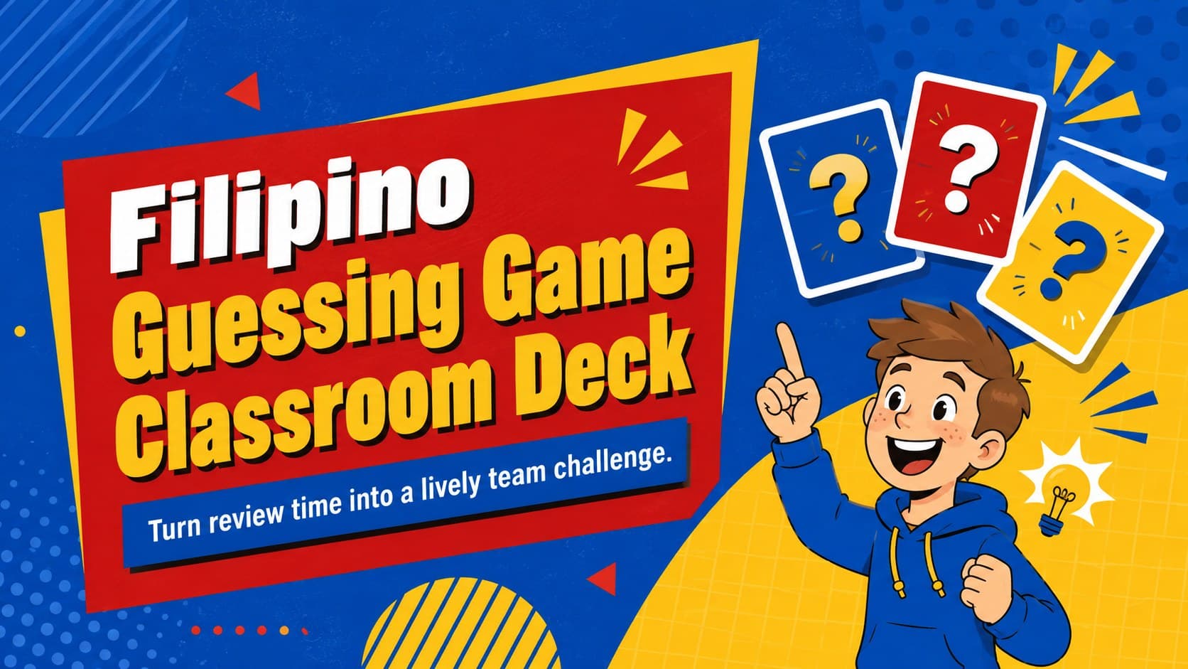Colorful cover for a Filipino guessing game classroom deck with playful clue cards and team-game illustrations.