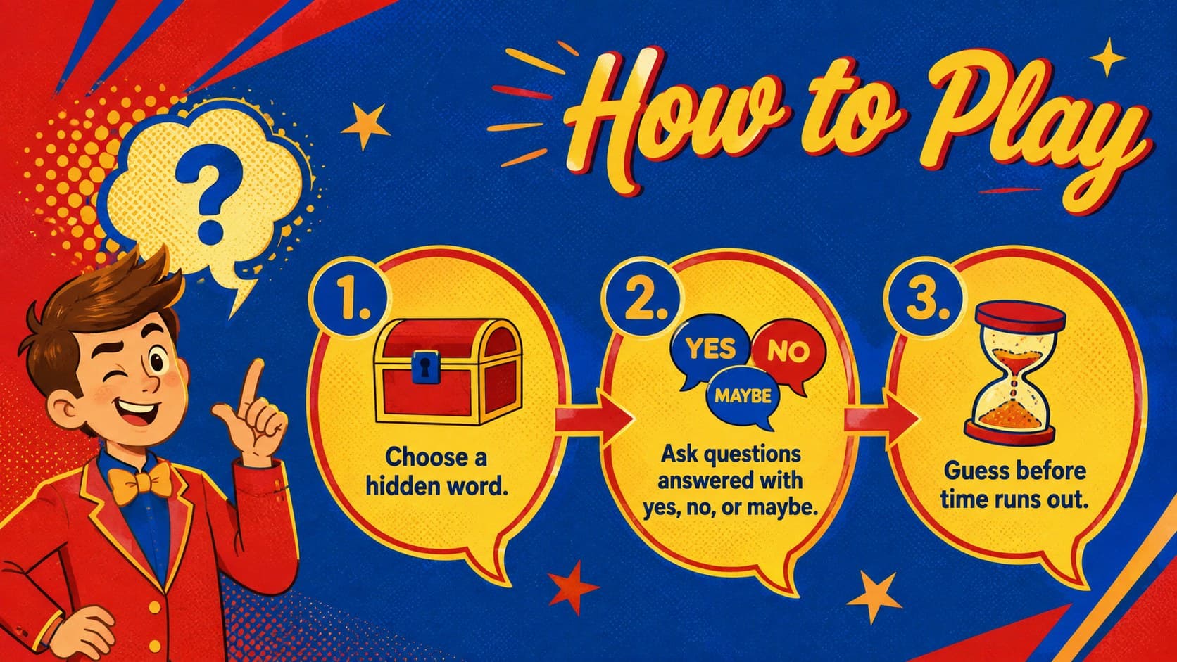 Illustrated how-to-play slide explaining the yes-or-no format of a Filipino classroom guessing game.
