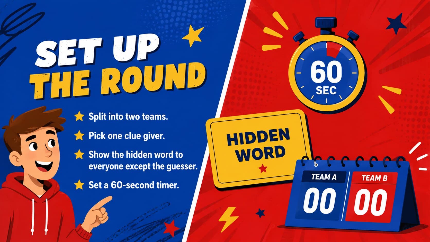 Round setup slide for a team vocabulary guessing game with timer, word card, and score icons.