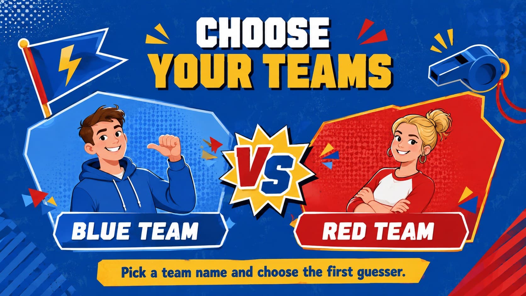 Team selection screen for a Filipino classroom game with red and blue player groups.