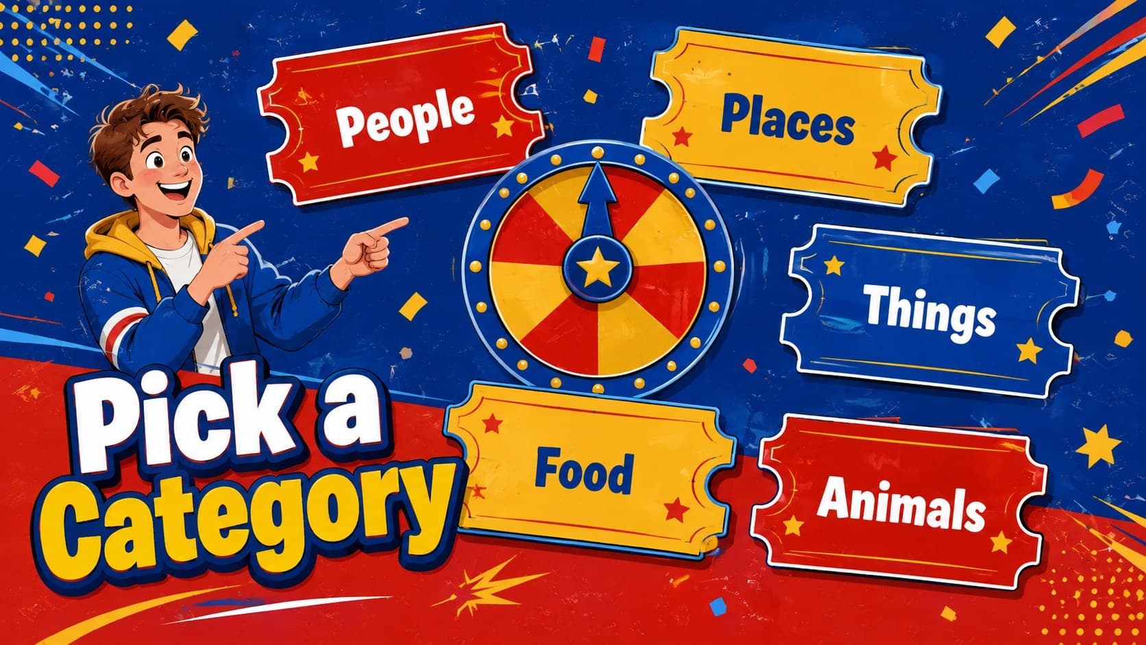Colorful category board for a Filipino guessing game classroom activity.