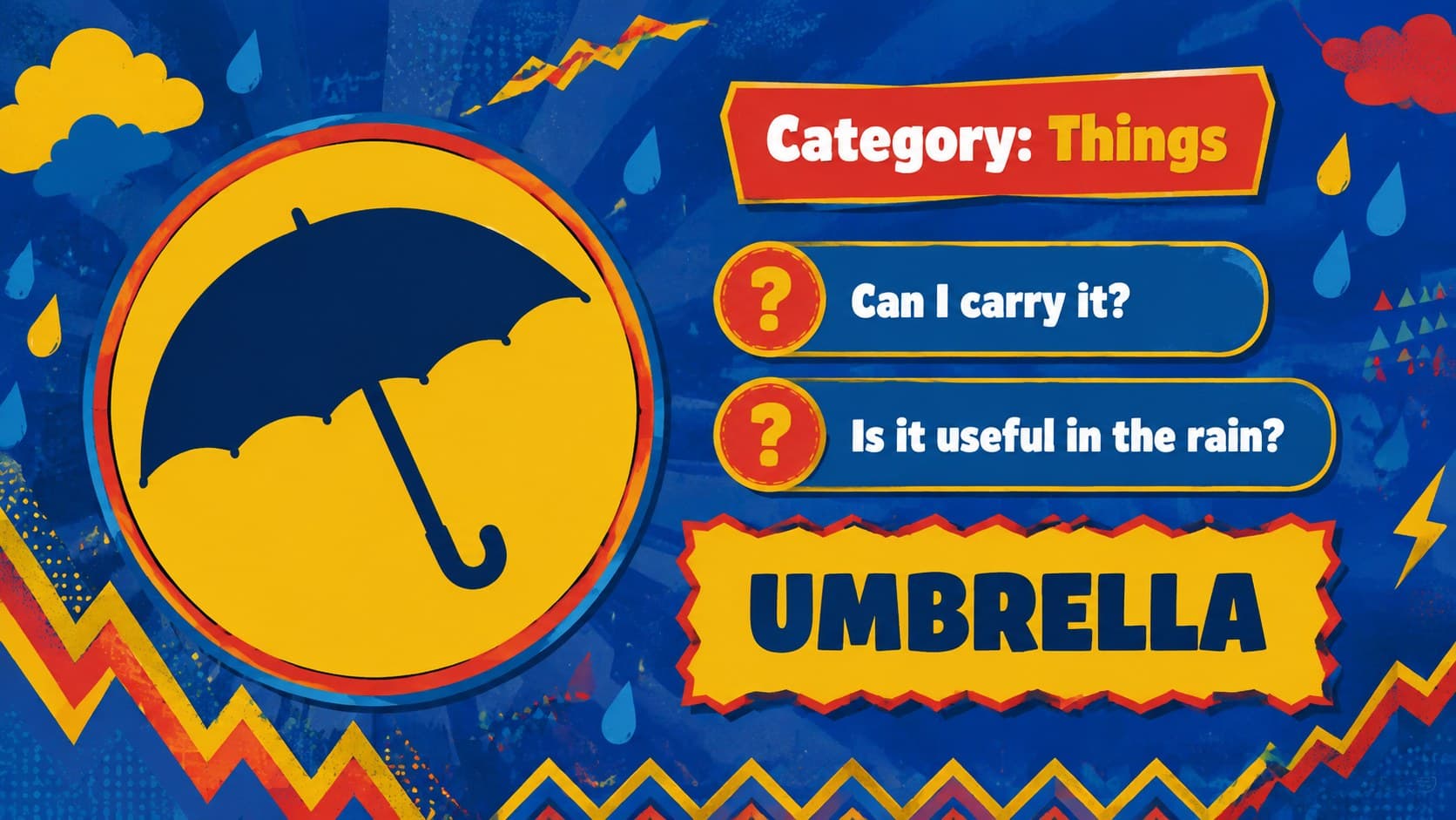 Things category prompt featuring an umbrella in an illustrated vocabulary review deck.