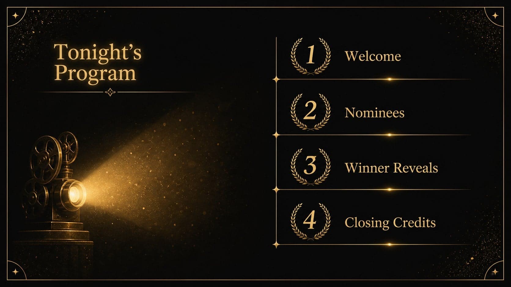Agenda slide for a film school awards night deck showing the ceremony sequence in a refined black and gold layout.