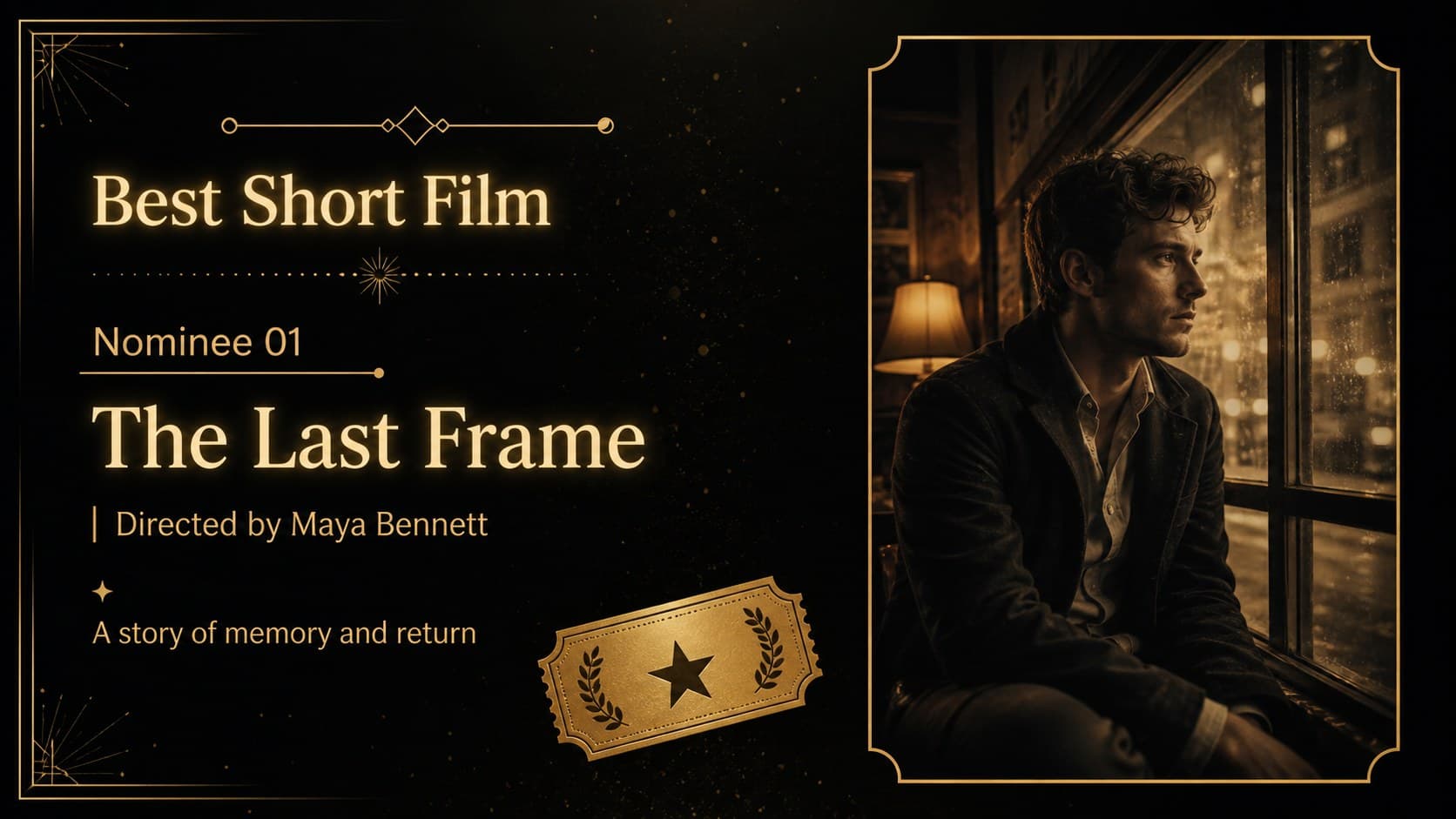 Nominee profile layout from a cinematic student recognition presentation with image and category details.