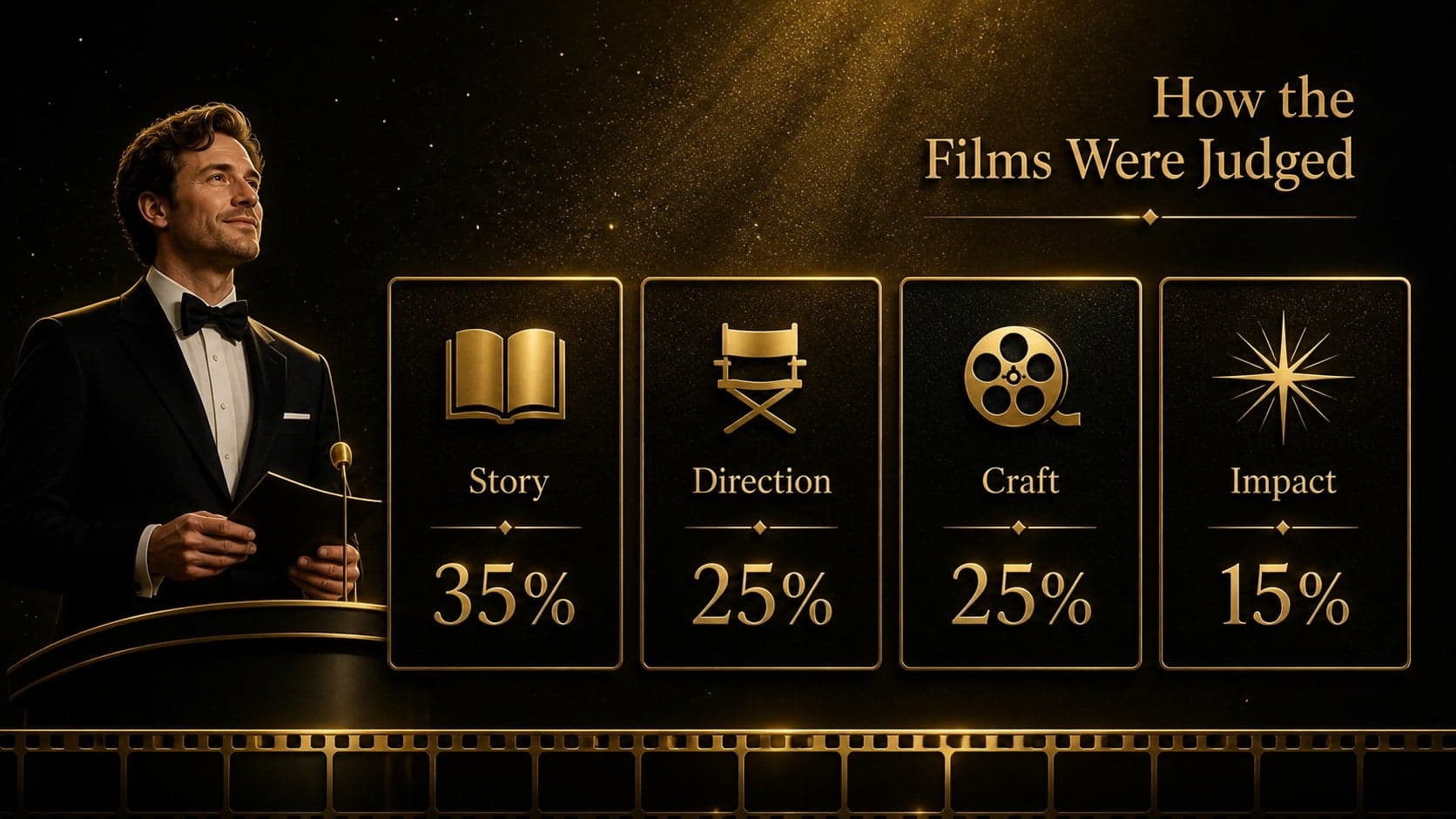 Judging criteria slide for a student film awards ceremony with structured evaluation points.