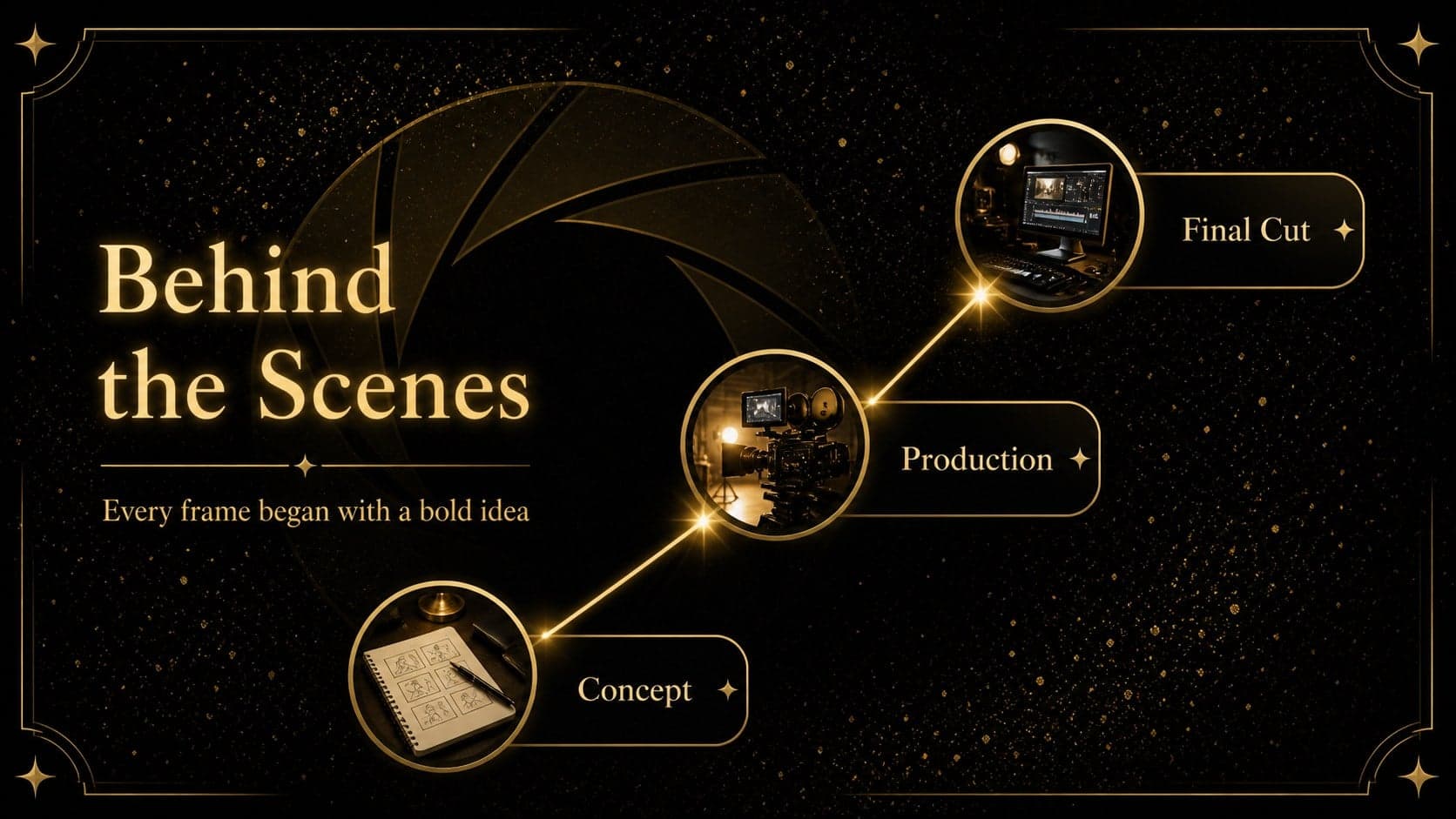 Production highlights slide in a film school awards night deck featuring project milestones and visual accents.