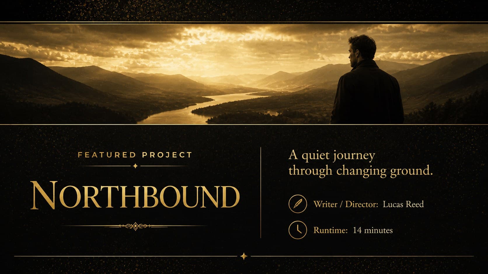 Film showcase slide presenting a featured student project in an elegant black and gold template.