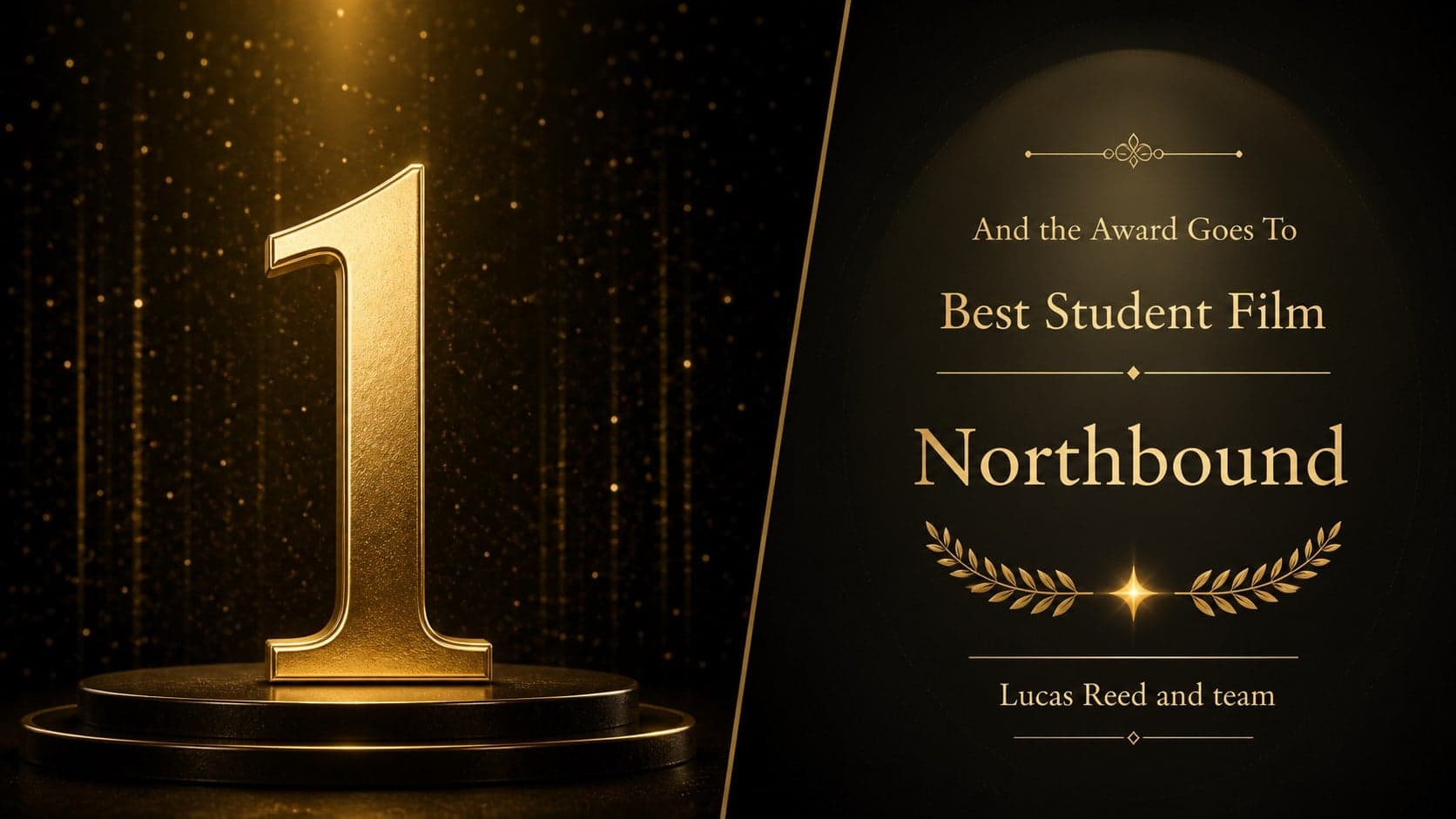 Winner announcement slide from a student film awards presentation with a dramatic gold-accented reveal.
