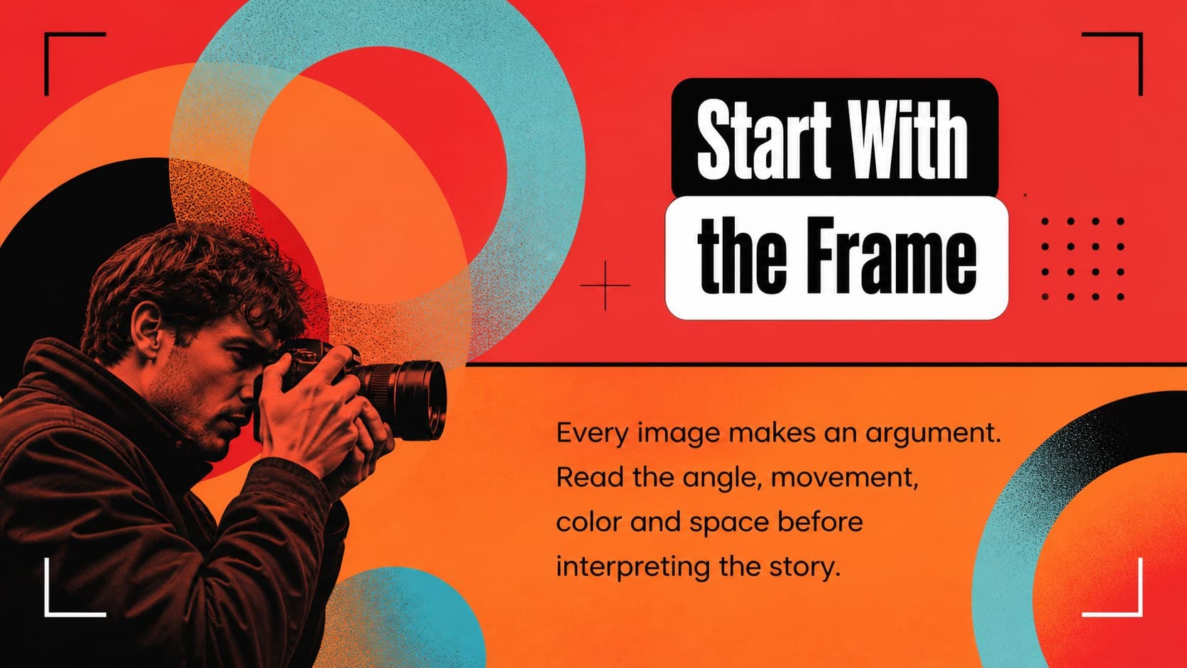 Retro cinema presentation slides introduction layout framing a lecture topic with graphic shapes and strong contrast.