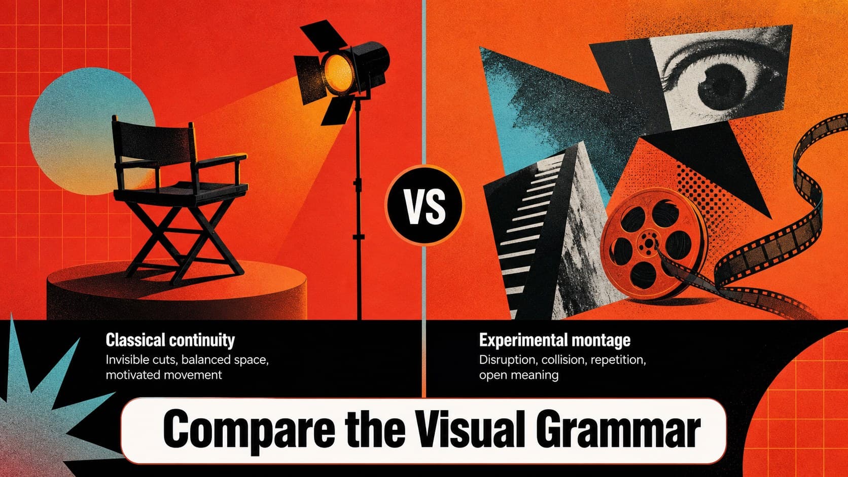 Film major class presentation slide comparing two visual styles through contrasting color and composition panels.