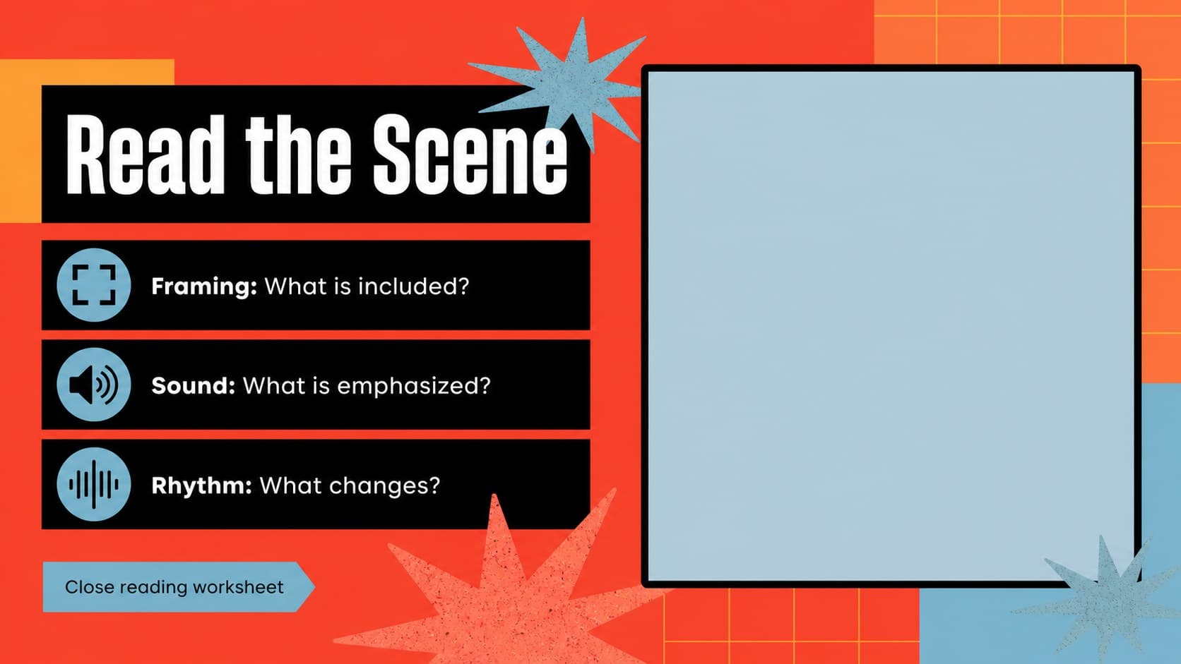 Retro cinema presentation slide featuring a visual close reading framework for a film scene.