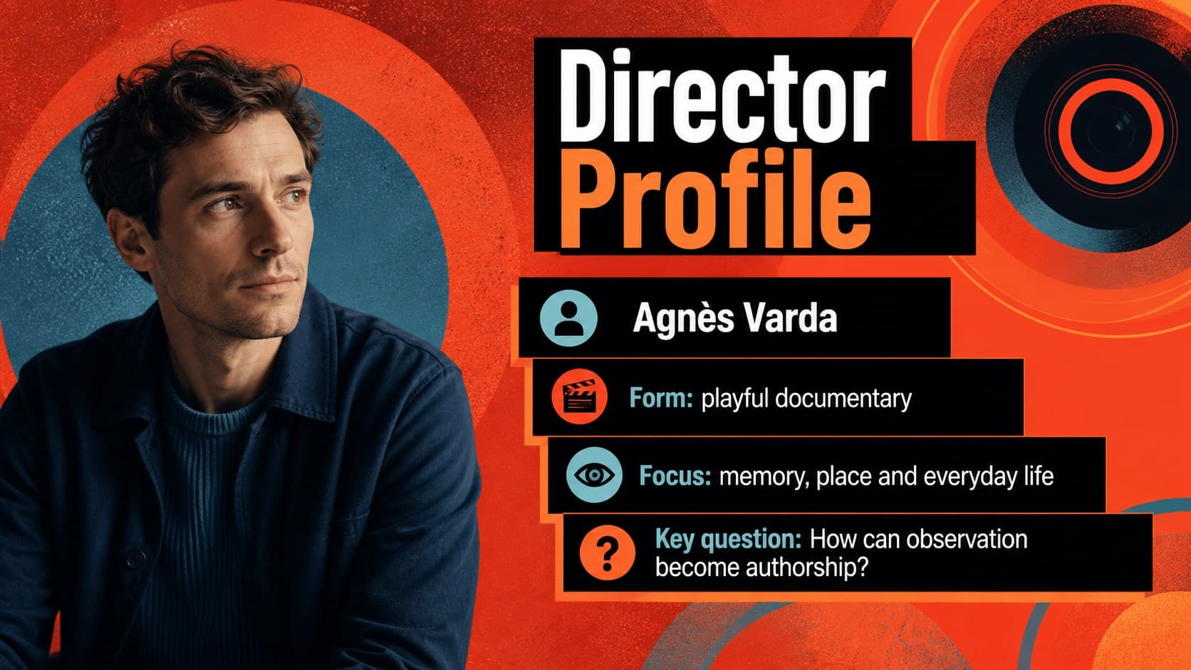 Film studies lecture deck slide presenting a director profile with editorial image and concise biography.