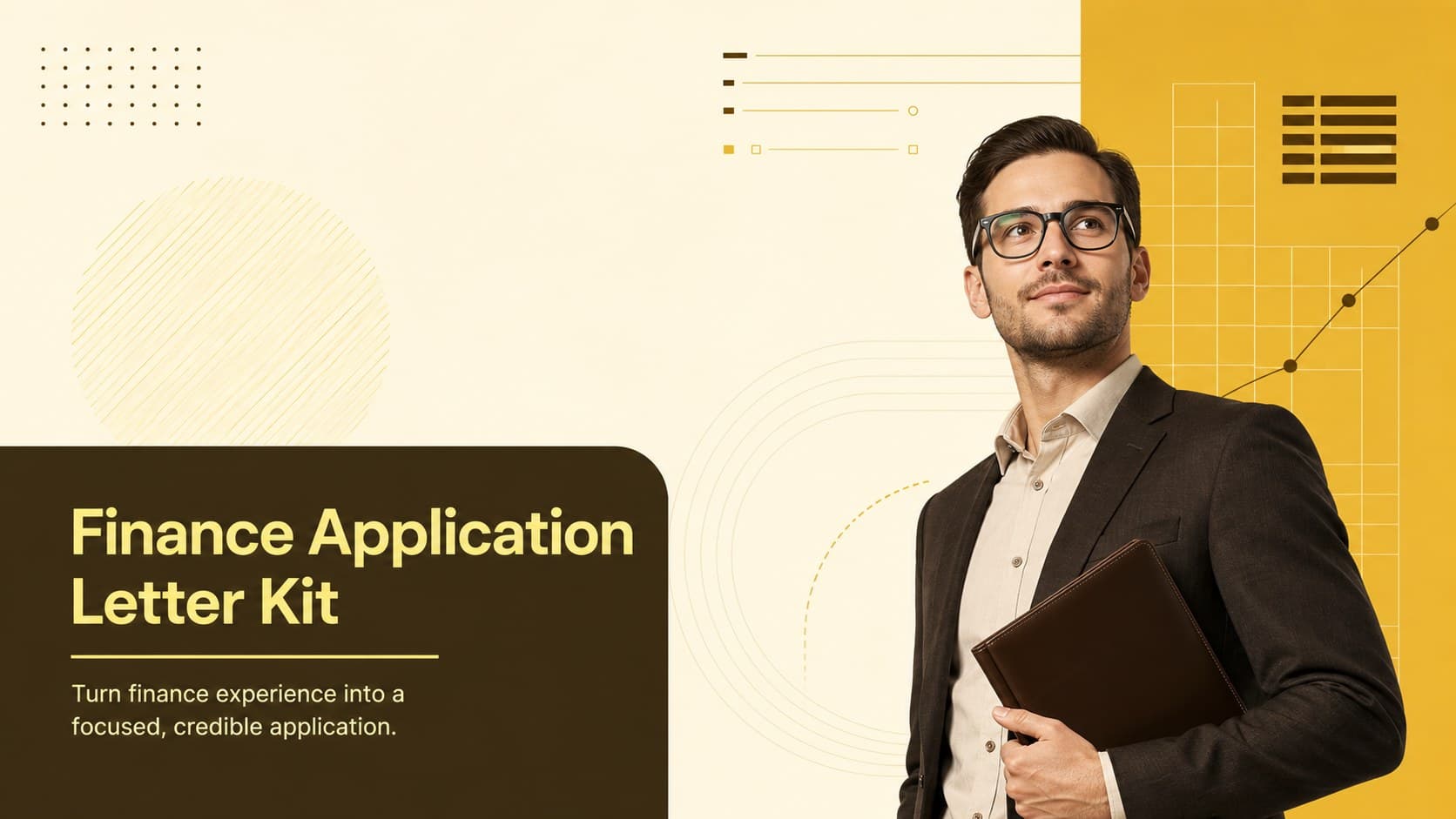 Finance Application Letter Kit cover slide with modern yellow and brown geometric accents.