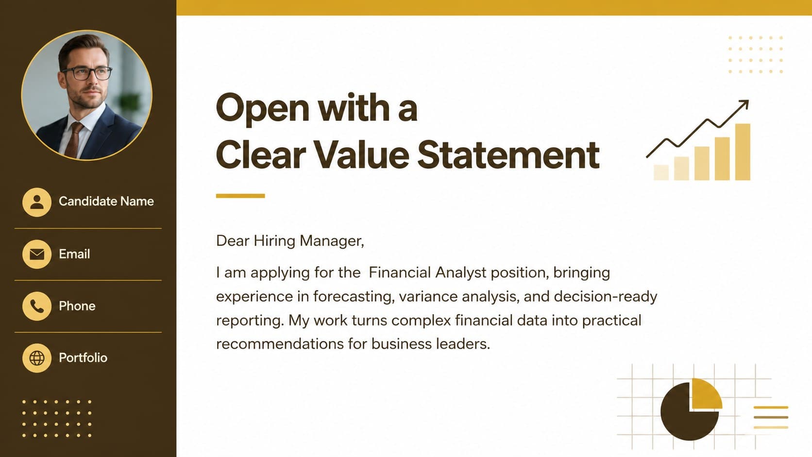 Financial analyst cover letter layout showing a concise opening statement and customizable contact details.
