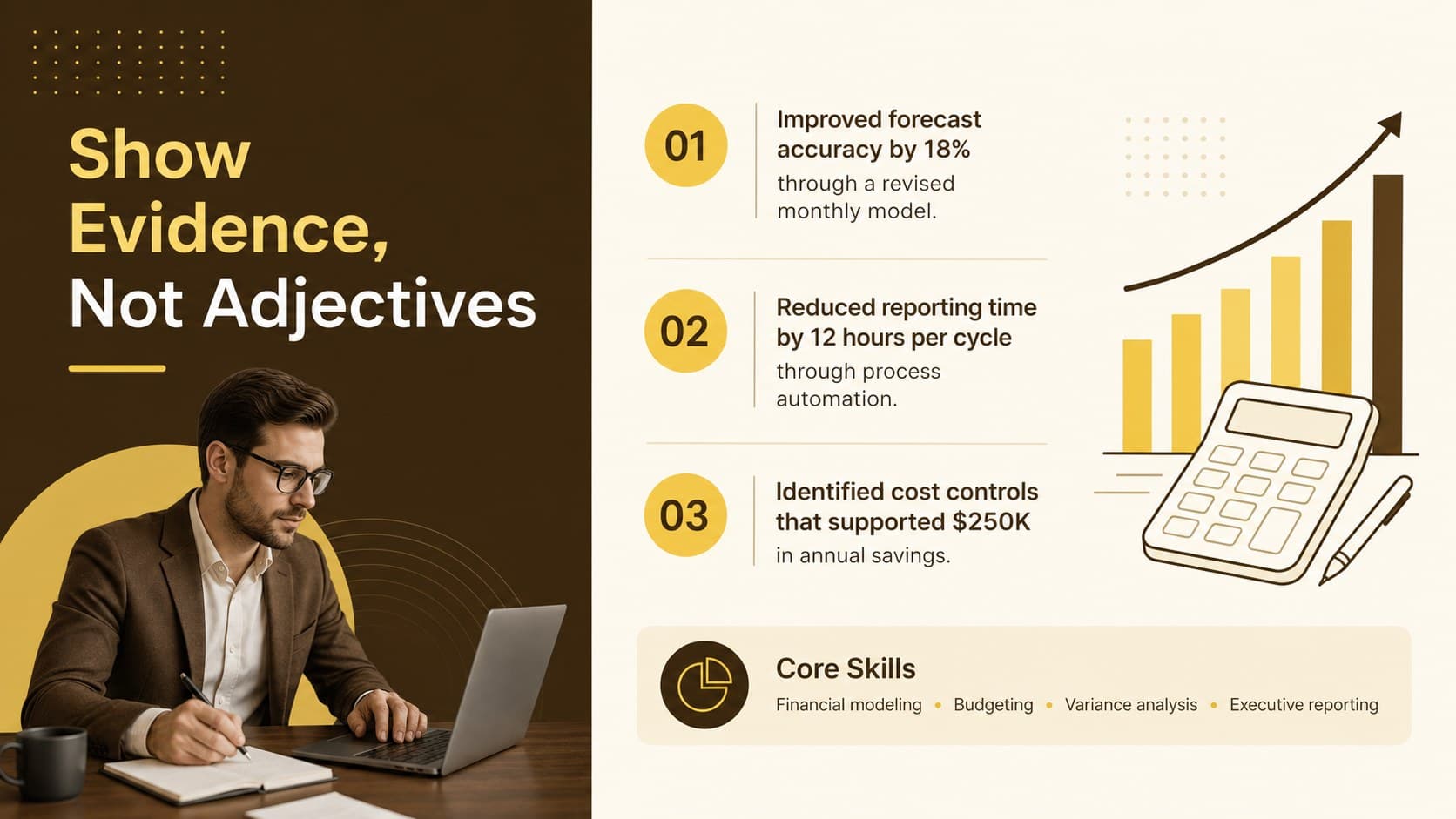 Editable finance cover letter PowerPoint slide highlighting quantified achievements and core financial skills.